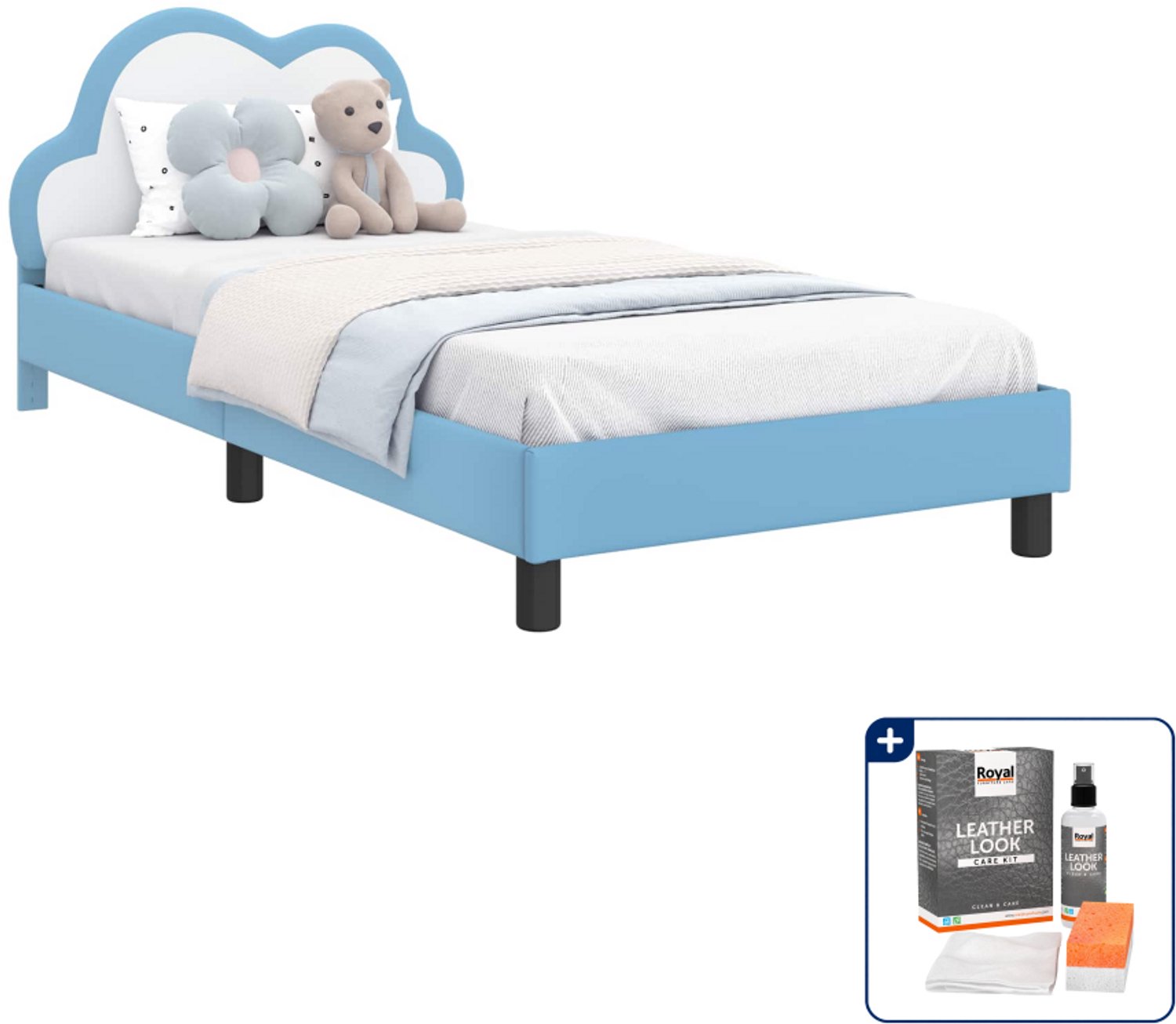 vidaXL kinderbed - 90 x 190 cm - bewerkt hout - blauw - Inclusief onderhoudsset voor kunstleer 150 ml