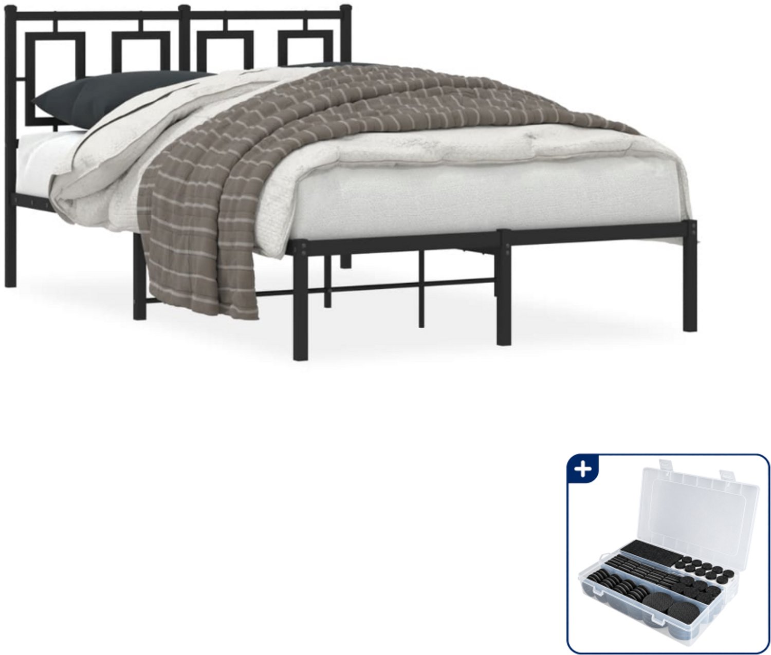 vidaXL bedframe met hoofdbord - 120 x 190 cm - staal - zwart - Inclusief antikrasvilt 177-delig