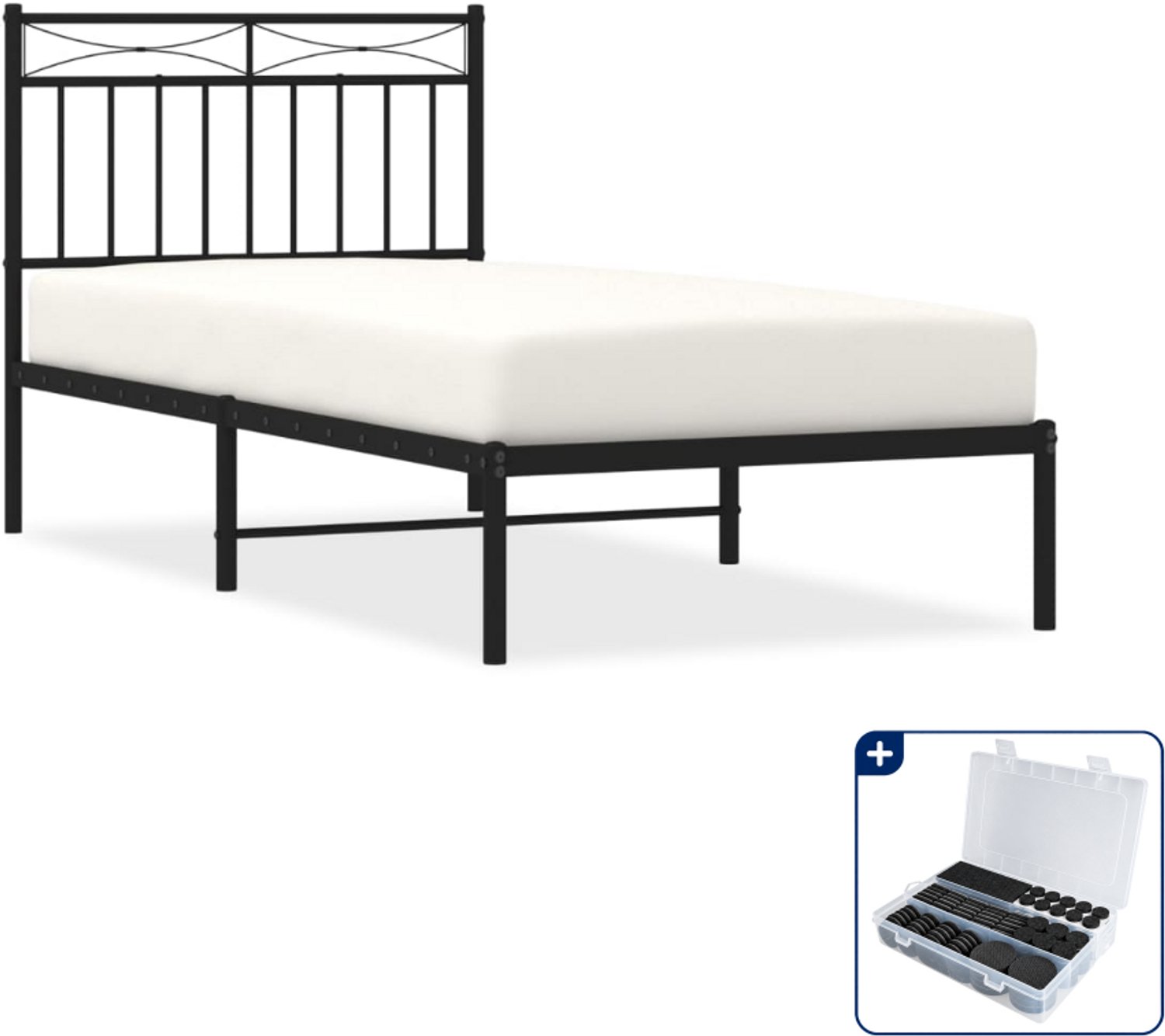 vidaXL bedframe met hoofdbord - 90 x 190 cm - staal - zwart - Inclusief antikrasvilt 177-delig