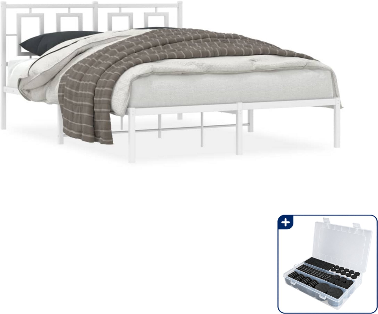 vidaXL Bedframe - 135 x 190 cm - staal - wit - Inclusief antikrasvilt 177-delig