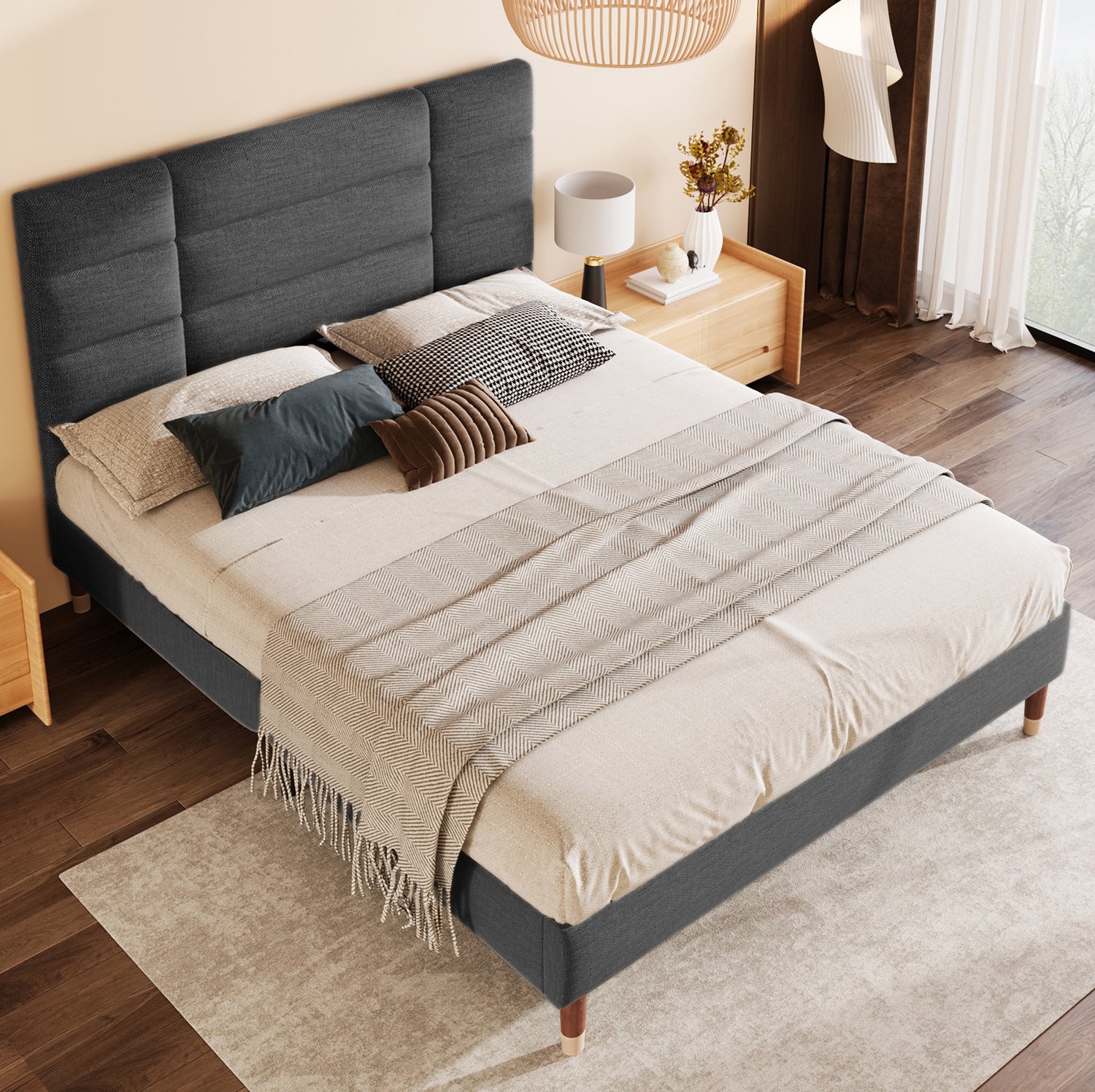 Maisentiel Gestoffeerd tweepersoonsbed 140 x 200 cm met matras en lattenbodem - grijs Donkergrijs