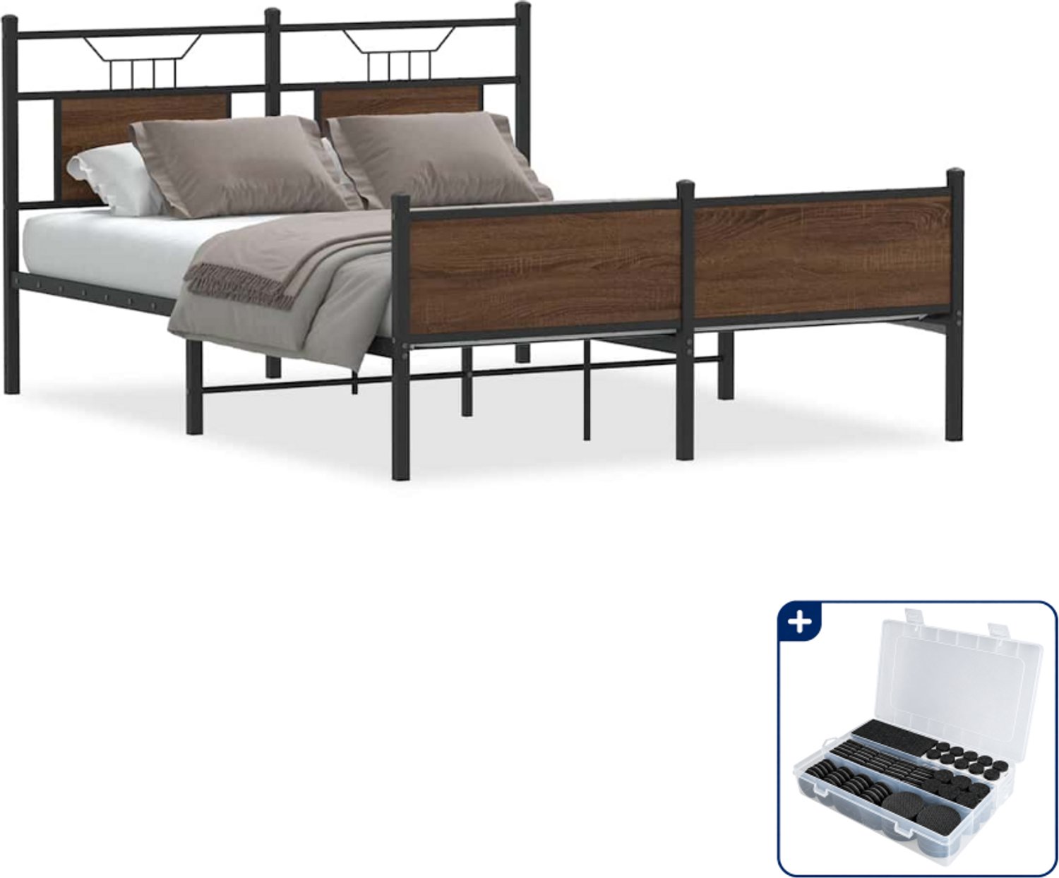 vidaXL bedframe - 150 x 200 cm - bewerkt hout - bruineiken - Inclusief antikrasvilt 177-delig