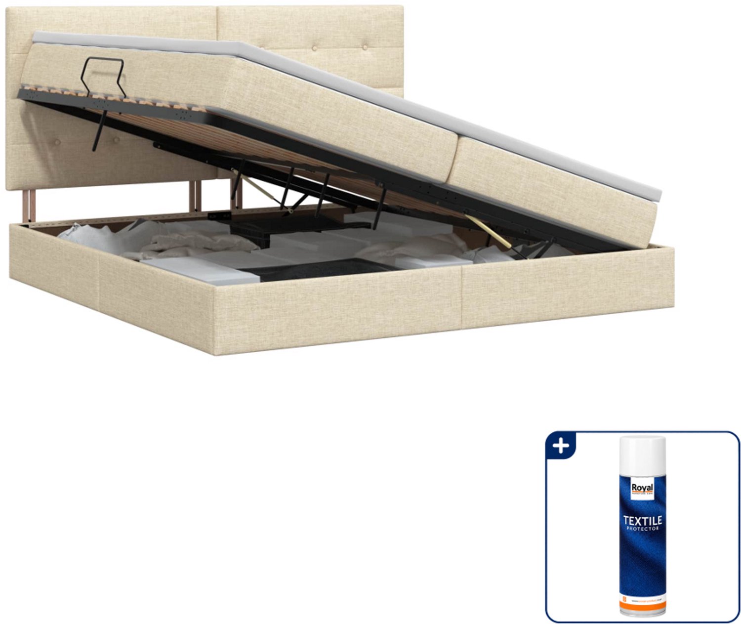 vidaXL opbergbed met matras - 200 x 200 cm - kunstleer - crèmekleurig - Inclusief textielbeschermer 500 ml
