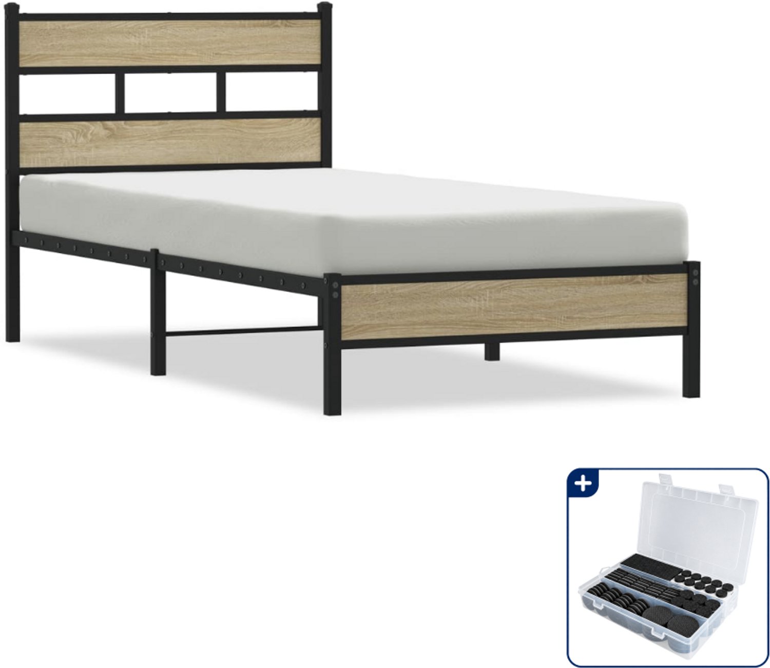 vidaXL bedframe - 75 x 190 cm - staal en bewerkt hout - sonoma eiken - Inclusief antikrasvilt 177-delig Bruin