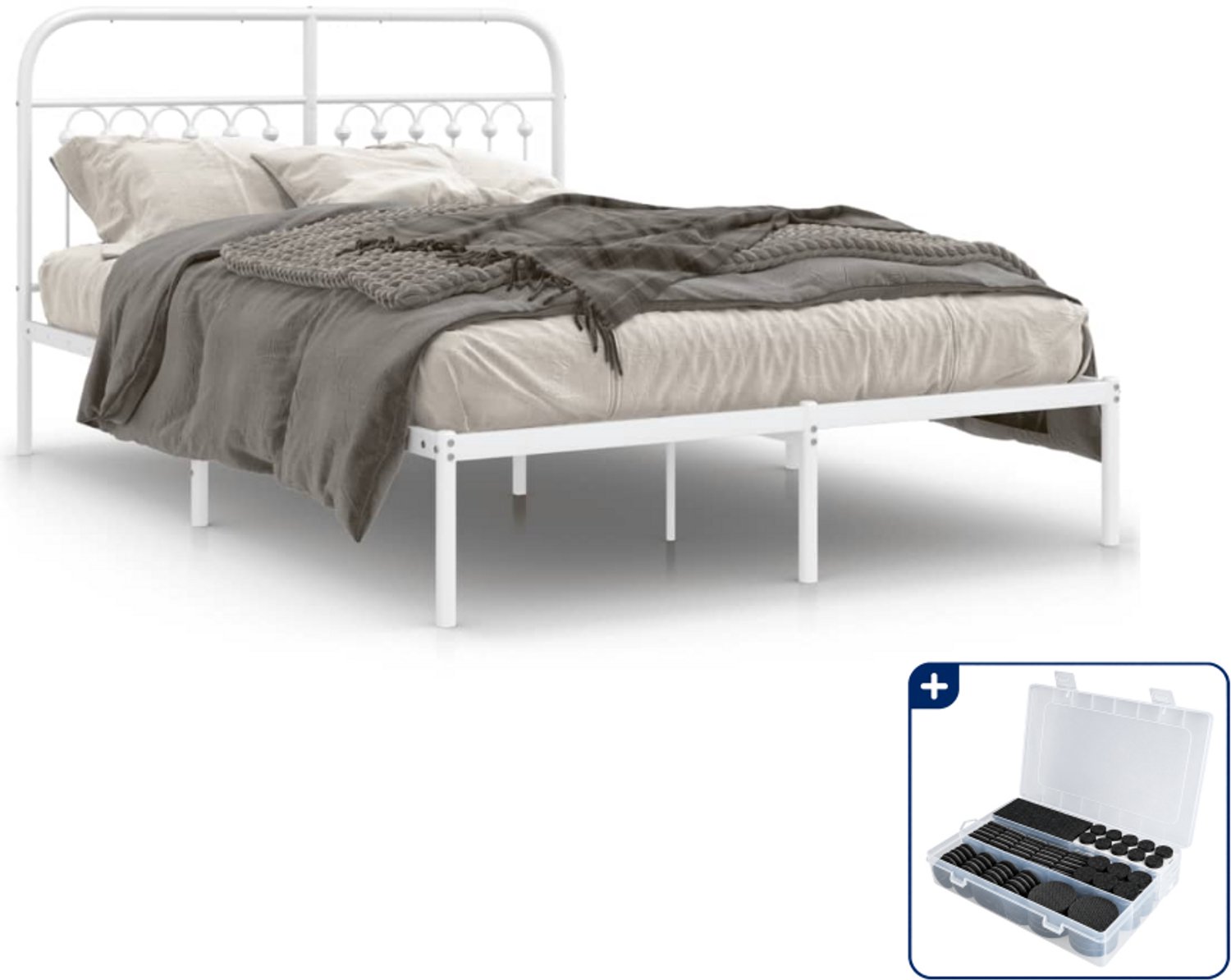 vidaXL bedframe met hoofdbord - 140 x 190 cm - staal - wit - Inclusief antikrasvilt 177-delig