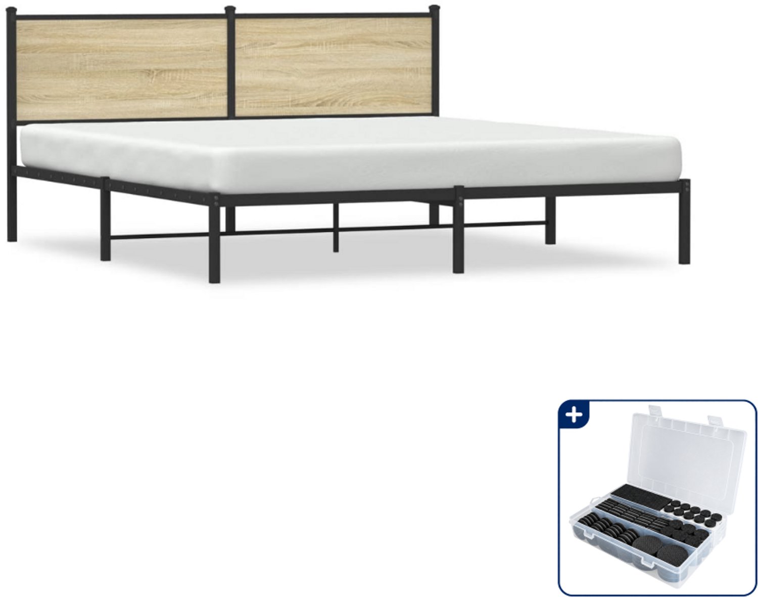 vidaXL Bedframe - 183 x 213 cm - staal en bewerkt hout - sonoma eiken - Inclusief antikrasvilt 177-delig Bruin