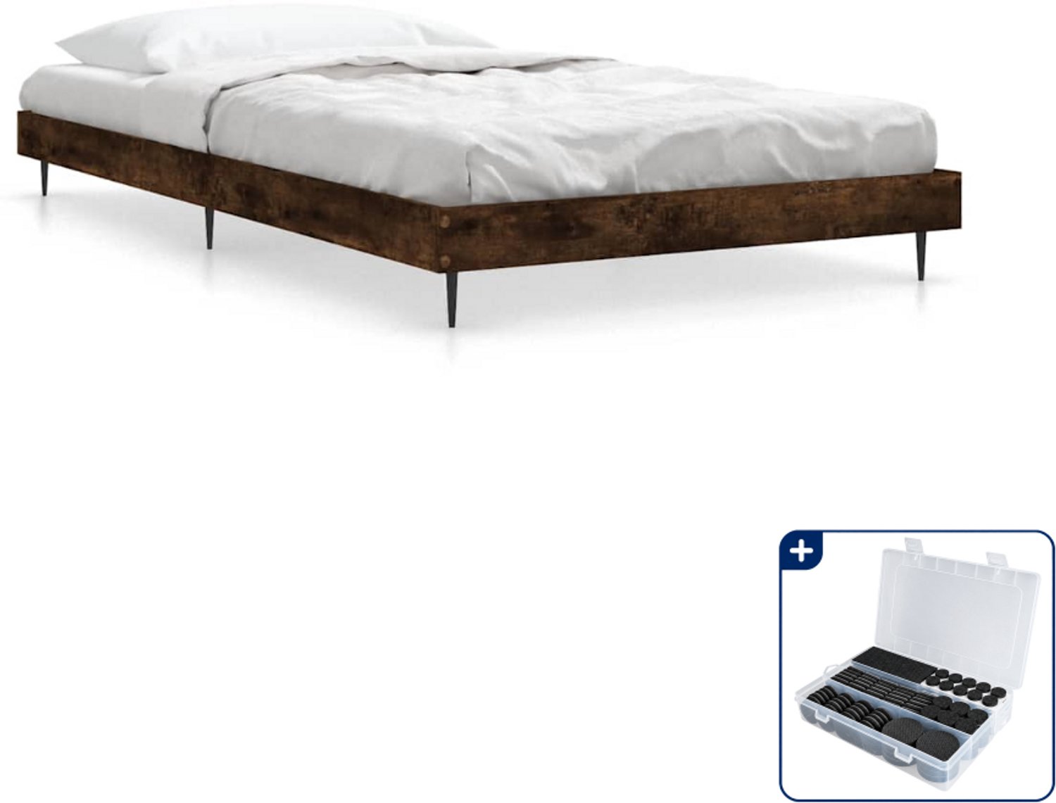 vidaXL bedframe - 90 x 200 cm - bewerkt hout - gerookt eiken - Inclusief antikrasvilt 177-delig Bruin