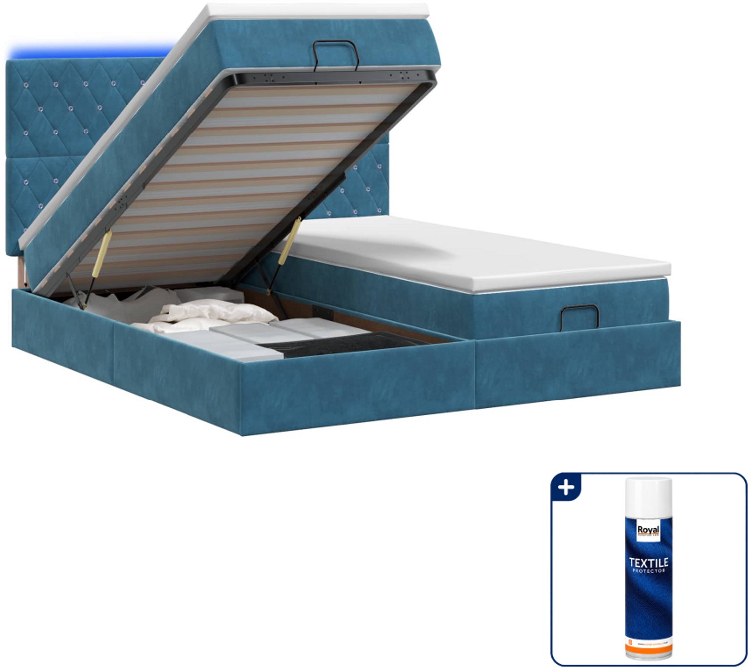 vidaXL Kingsize bed met matras en LED - 180 x 200 cm - donkerblauw - Inclusief textielbeschermer 500 ml