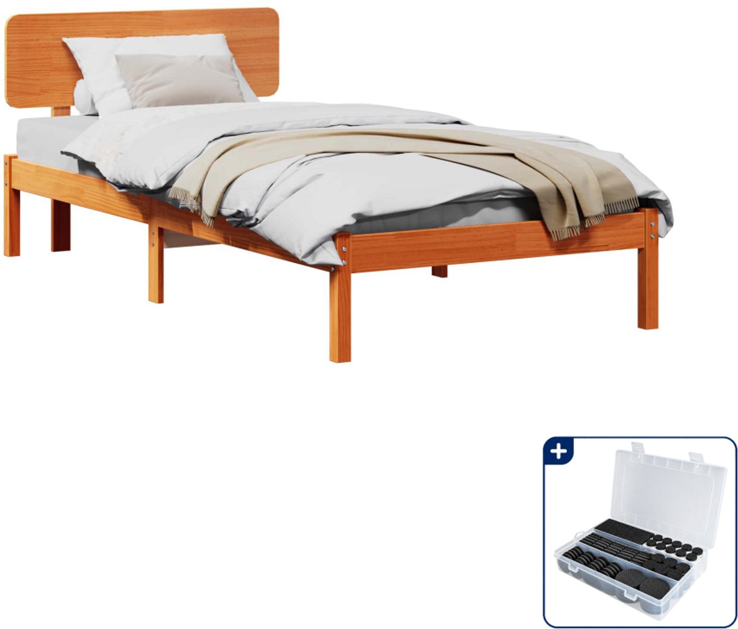 vidaXL bedframe met hoofdeinde - 90 x 190 cm - massief grenen - wasbruin - Inclusief antikrasvilt 177-delig