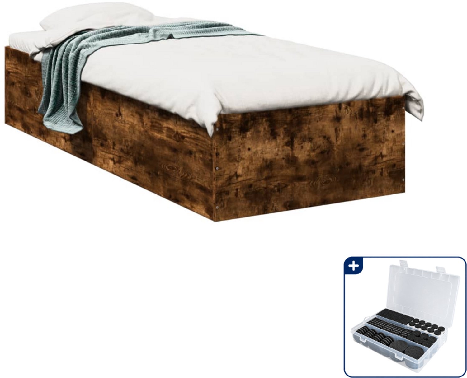 vidaXL bedframe - 75 x 190 cm - bewerkt hout - gerookt eiken - Inclusief antikrasvilt 177-delig Bruin