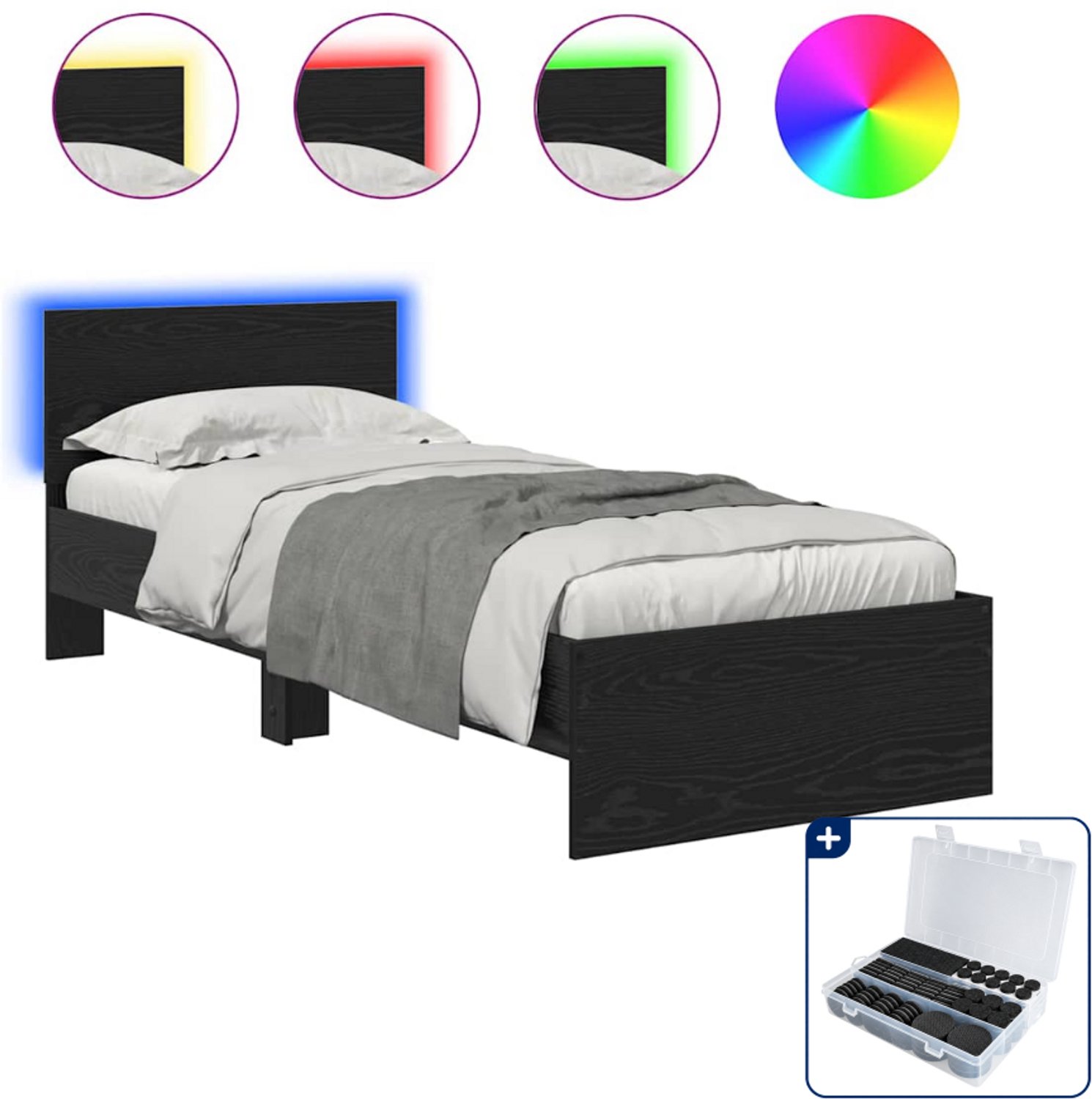 vidaXL bedframe - 75 x 190 cm - bewerkt hout - zwart eiken - Inclusief antikrasvilt 177-delig