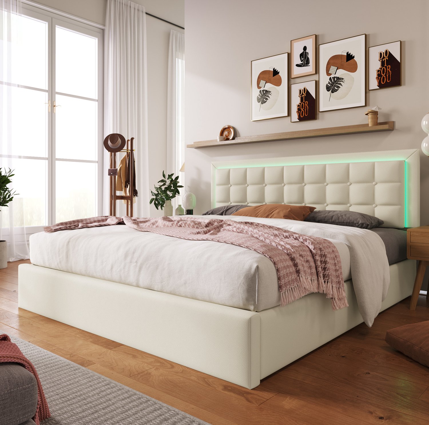 Maisentiel Wit tweepersoonsbed 140 x 200 cm met opbergruimte, lattenbodem en ledverlichting
