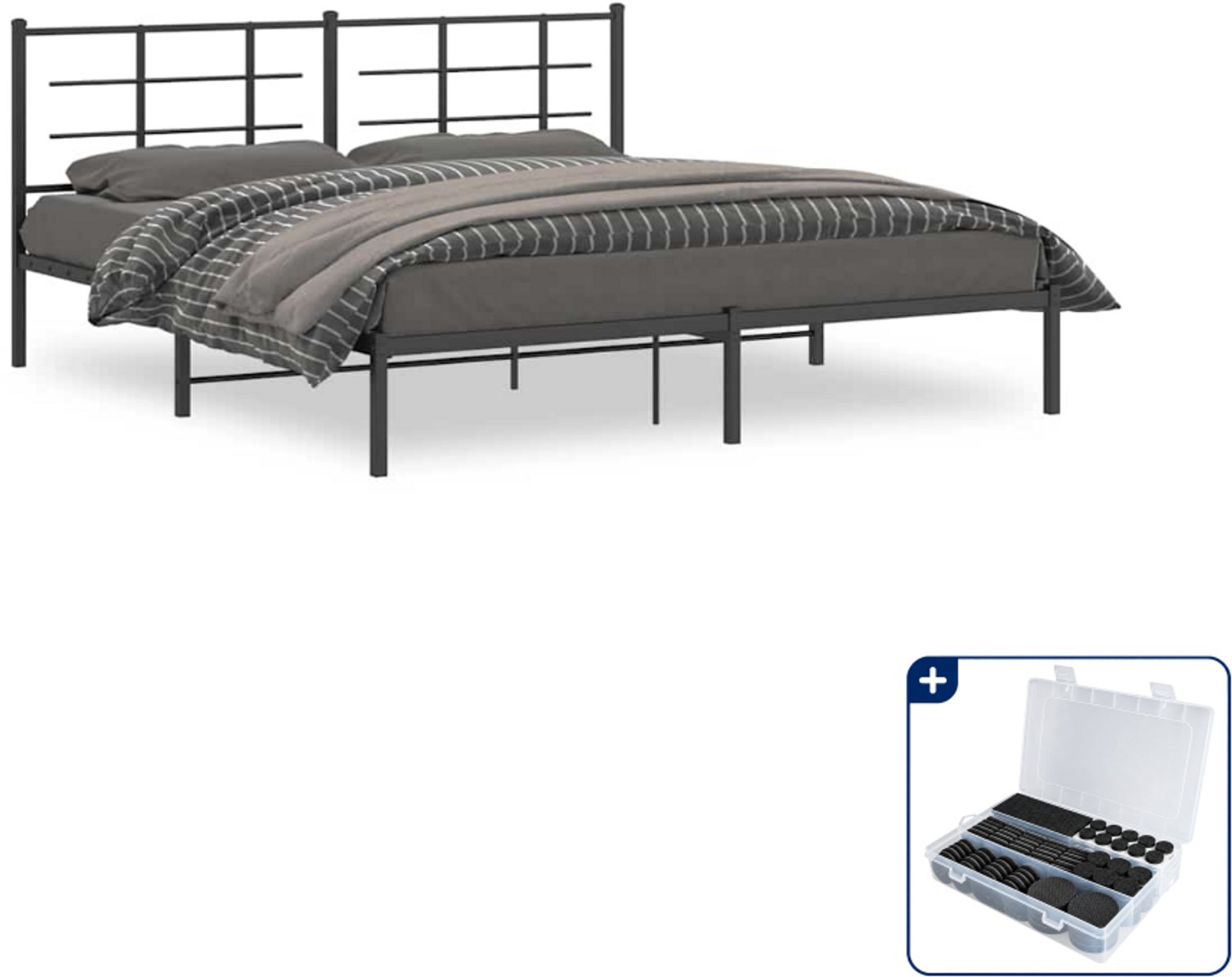 vidaXL bedframe met hoofdbord - 183 x 213 cm - metaal - zwart - Inclusief antikrasvilt 177-delig