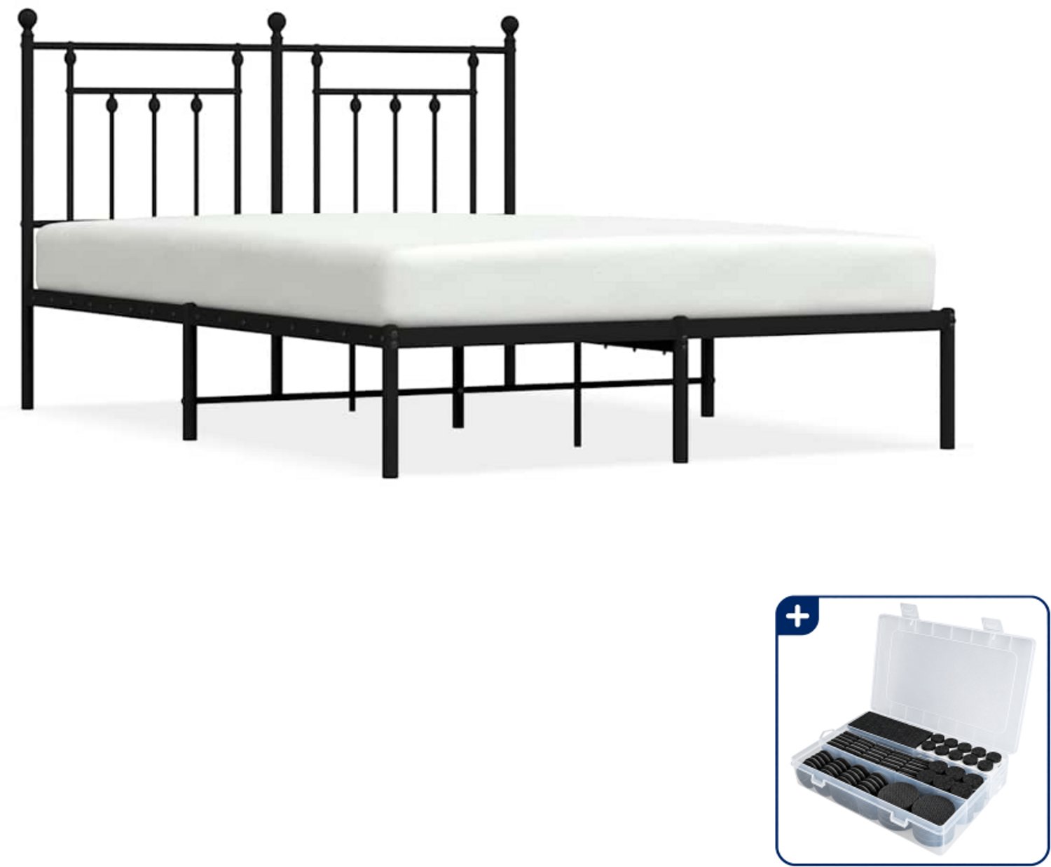 vidaXL Bedframe met hoofdbord - 140 x 190 cm - staal - zwart - Inclusief antikrasvilt 177-delig