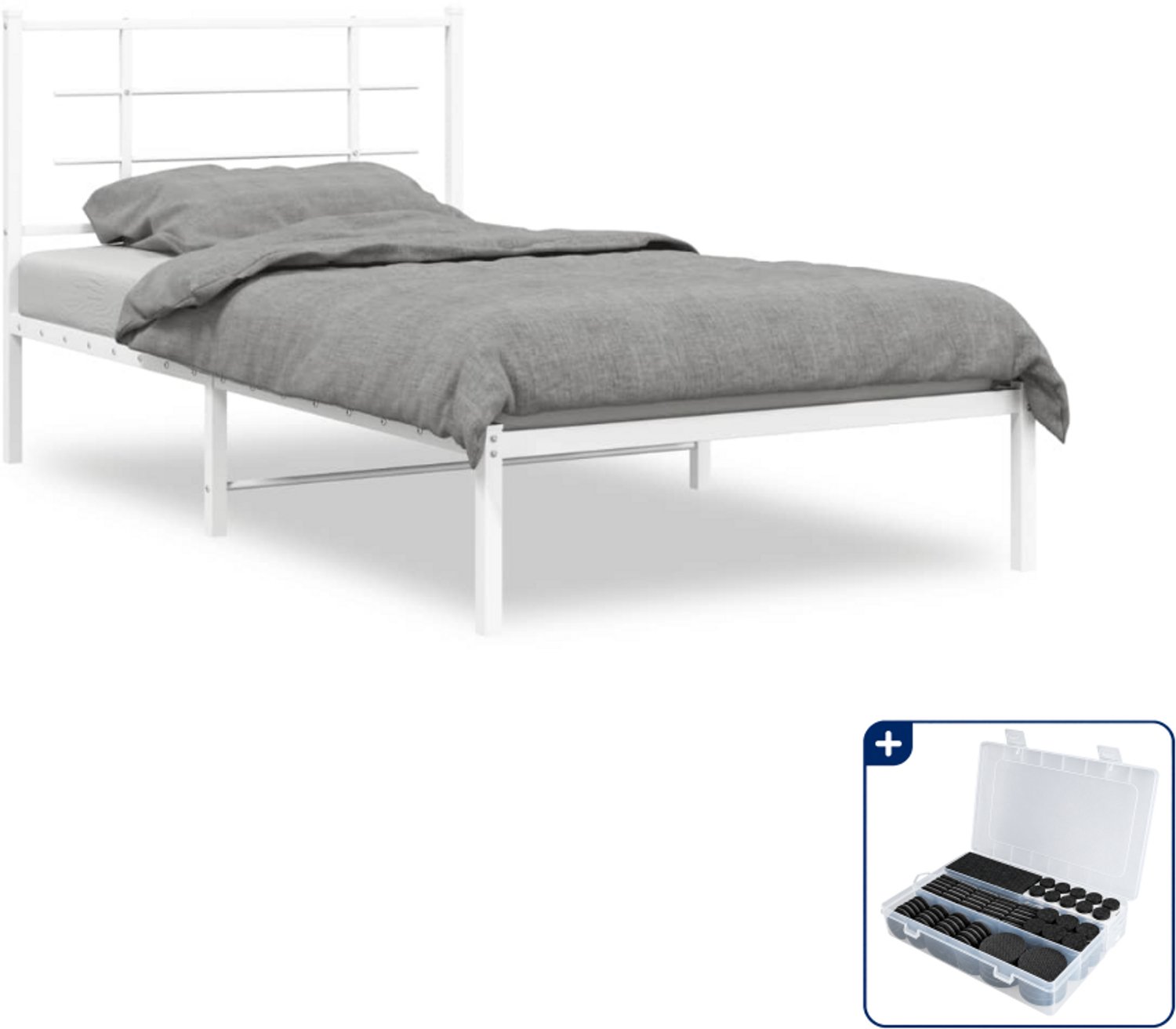 vidaXL bedframe met hoofdbord - 100 x 190 cm - staal - wit - Inclusief antikrasvilt 177-delig