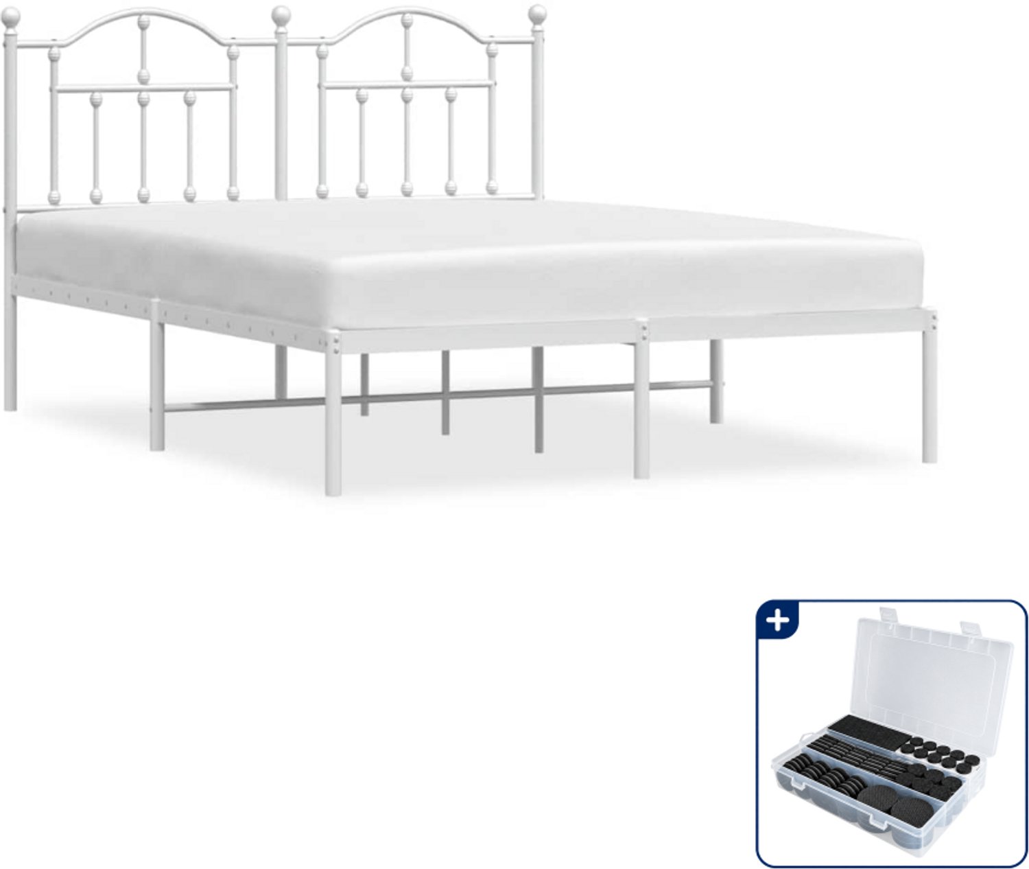 vidaXL bedframe met hoofdbord - 140 x 190 cm - staal - wit - Inclusief antikrasvilt 177-delig