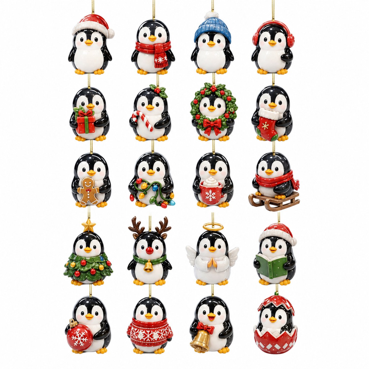 Adventskalender met 24 platte pinguïnhangers - Diverse kerst- en winterfiguren met goudkleurige ophangkoorden en genummerde kartonnen doos