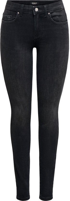 Zwarte skinny jeans met middelhoge taille, voorzijde met het merklabel ONLY zichtbaar.