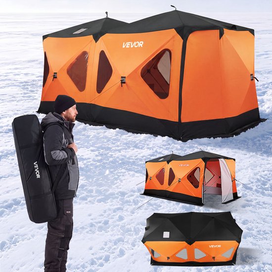 VEVOR Ijsvistent voor 8-10 Personen, 4,11 X 2,3 X 2,3 m, Geïsoleerd, voor Wintervissen, 10,7 m² Oppervlakte, 600D 4-Laags Stof, Draagbare Ijstent in Hub-Stijl met Ankers, Touwen en Draagtas — afbeelding 2