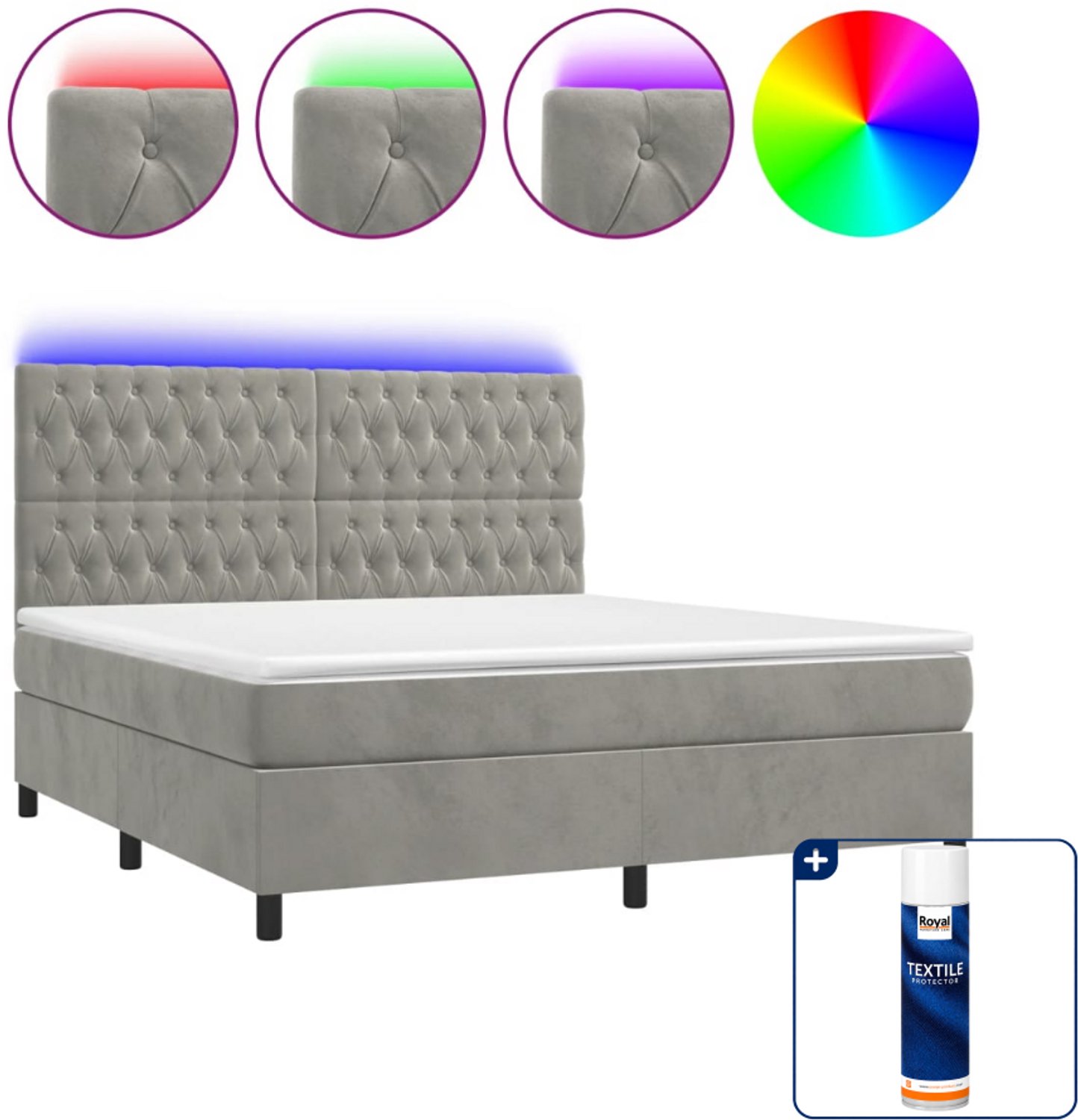 vidaXL Boxspring met matras en LED - Queensize - fluweel - lichtgrijs - Inclusief textielbeschermer 500 ml