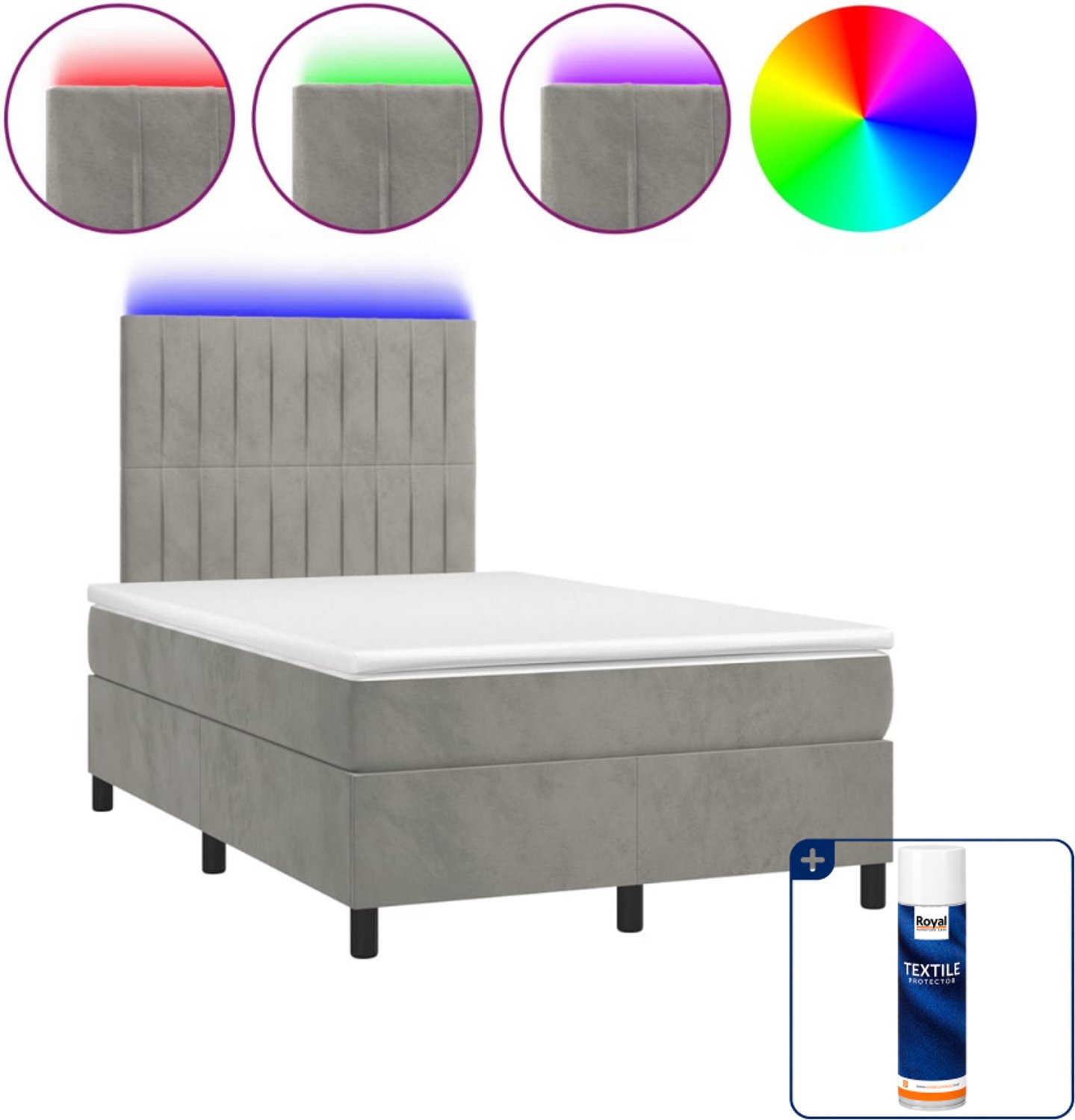 vidaXL boxspring met matras en LED - 120 x 200 cm - fluweel - lichtgrijs - Inclusief textielbeschermer 500 ml