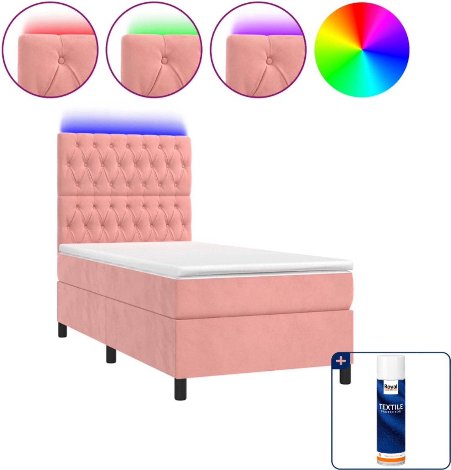 vidaXL boxspring met matras en led - 90 x 190 cm - fluweel - roze - Inclusief textielbeschermer 500 ml