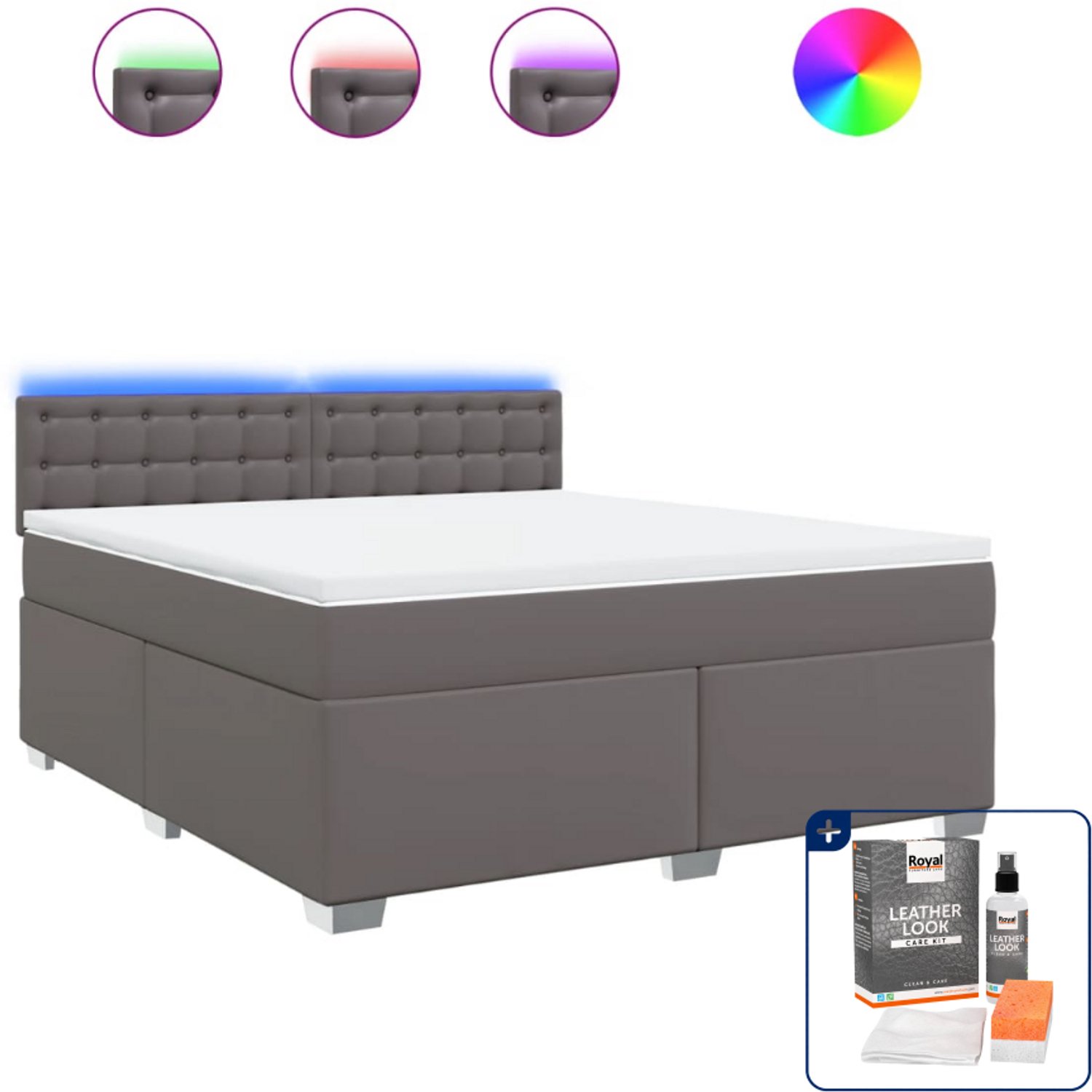 vidaXL Boxspring Kingsize - 180 x 200 cm - kunstleer - grijs - Inclusief onderhoudsset voor kunstleer 150 ml