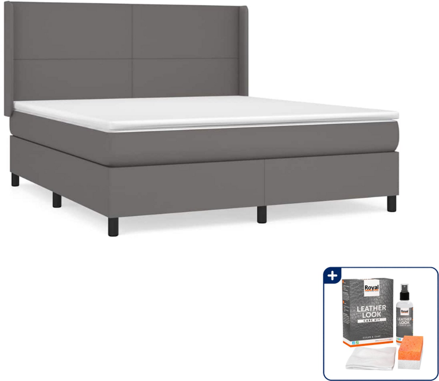 vidaXL boxspring met matras - Queensize - 160 x 200 cm - grijs - Inclusief onderhoudsset voor kunstleer 150 ml