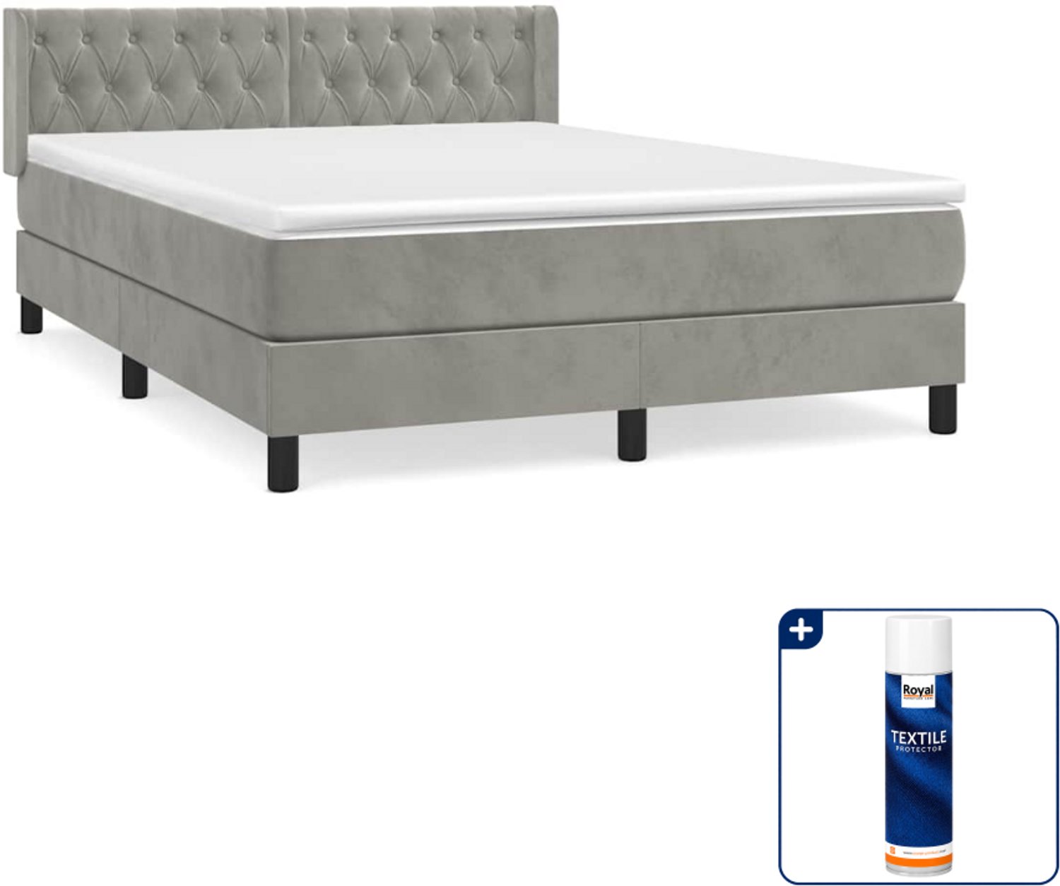vidaXL Boxspring Small double - 140 x 200 cm - fluweel - lichtgrijs - Inclusief textielbeschermer 500 ml