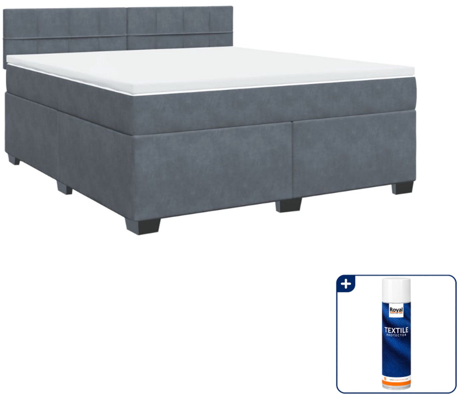 vidaXL boxspring met matras Kingsize - 180 x 200 cm - fluweel - donkergrijs - Inclusief textielbeschermer 500 ml