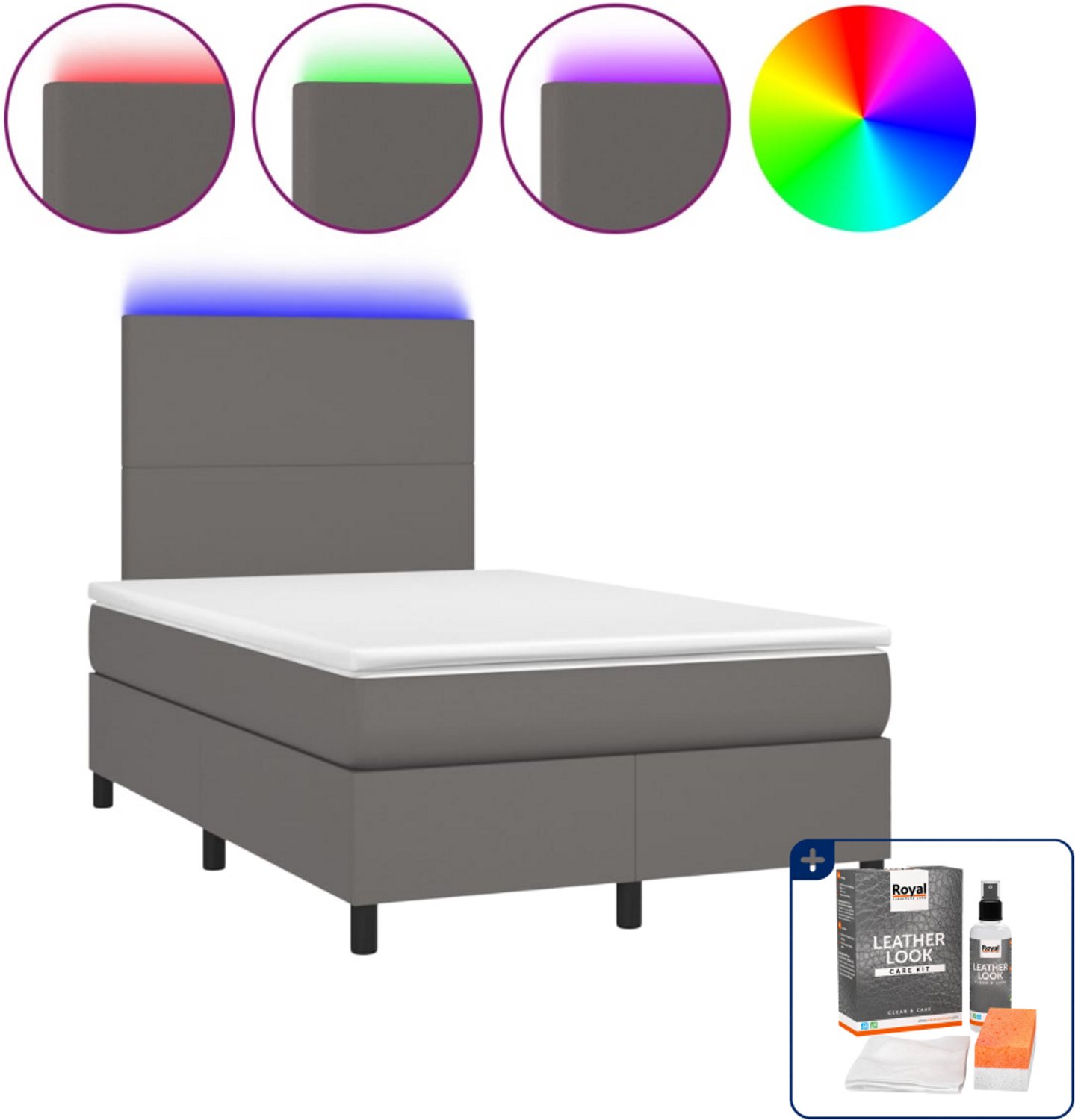 vidaXL boxspring met matras en led - 120 x 200 cm - kunstleer - grijs - Inclusief onderhoudsset voor kunstleer 150 ml