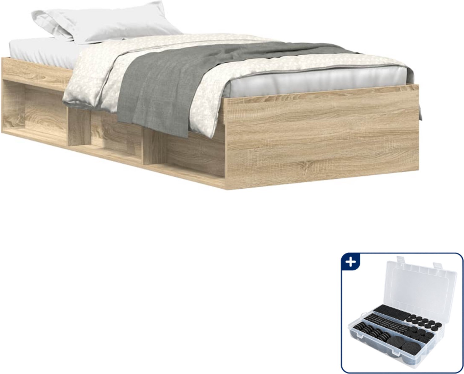 vidaXL bedframe 90 x 190 cm - bewerkt hout - sonoma eikenkleurig - Inclusief antikrasvilt 177-delig Bruin