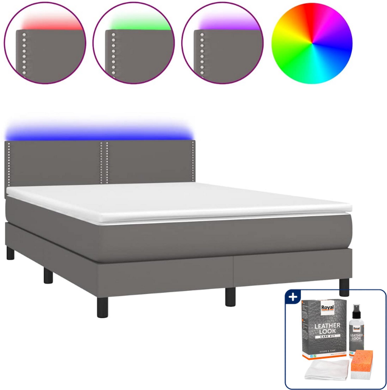 vidaXL Boxspring Small double - 140 x 200 cm - kunstleer - grijs - Inclusief onderhoudsset voor kunstleer 150 ml