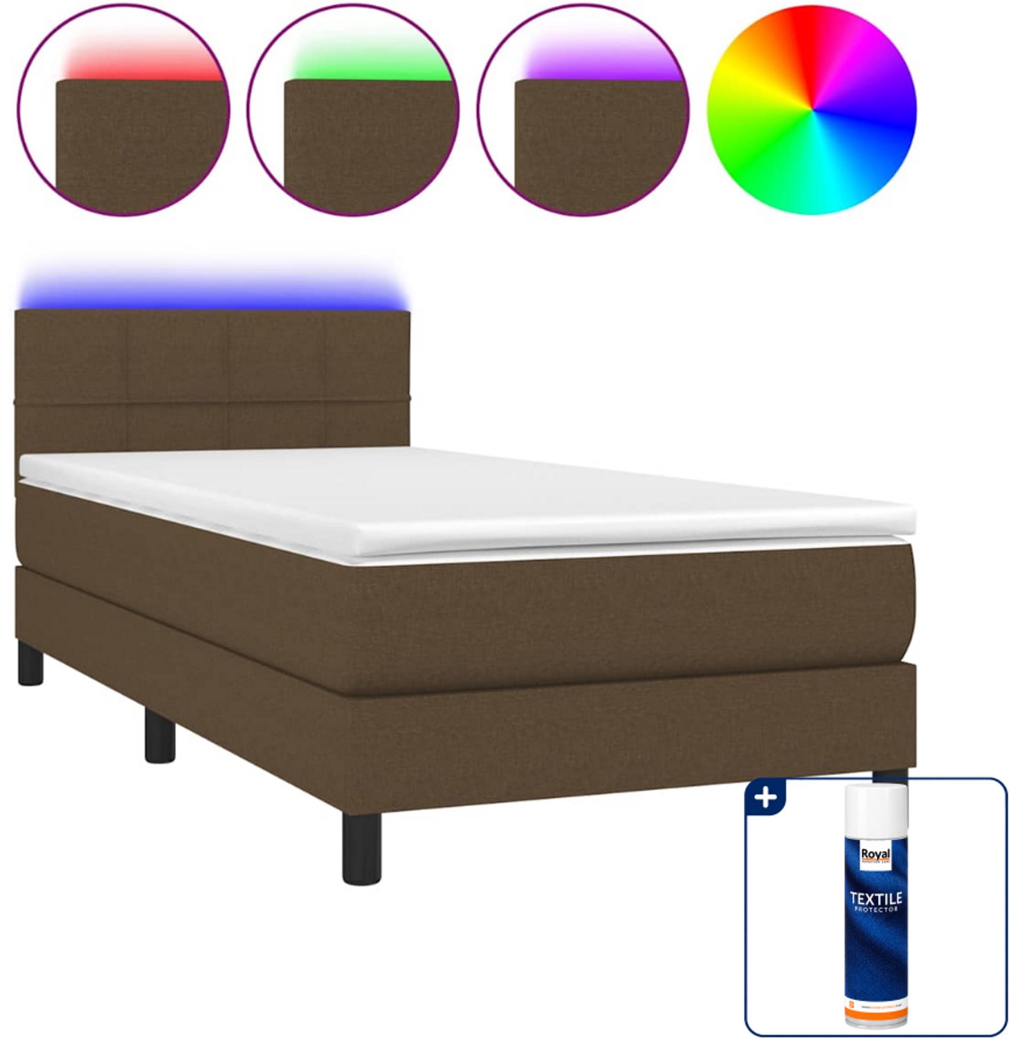 vidaXL boxspring met matras en led - 80 x 200 cm - donkerbruin - Inclusief textielbeschermer 500 ml