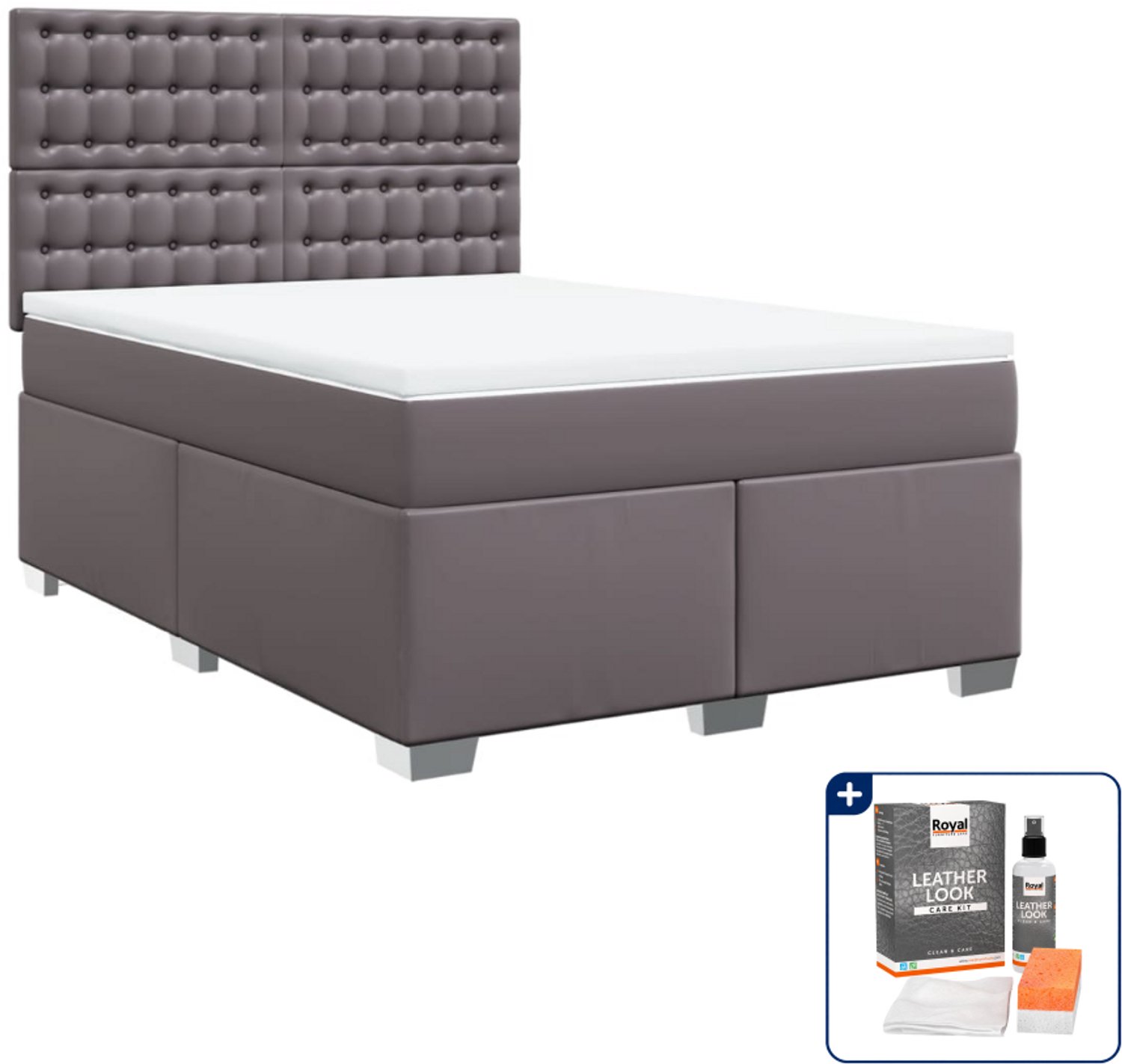 vidaXL boxspring met matras - Small double - 140x200 cm - grijs - Inclusief onderhoudsset voor kunstleer 150 ml
