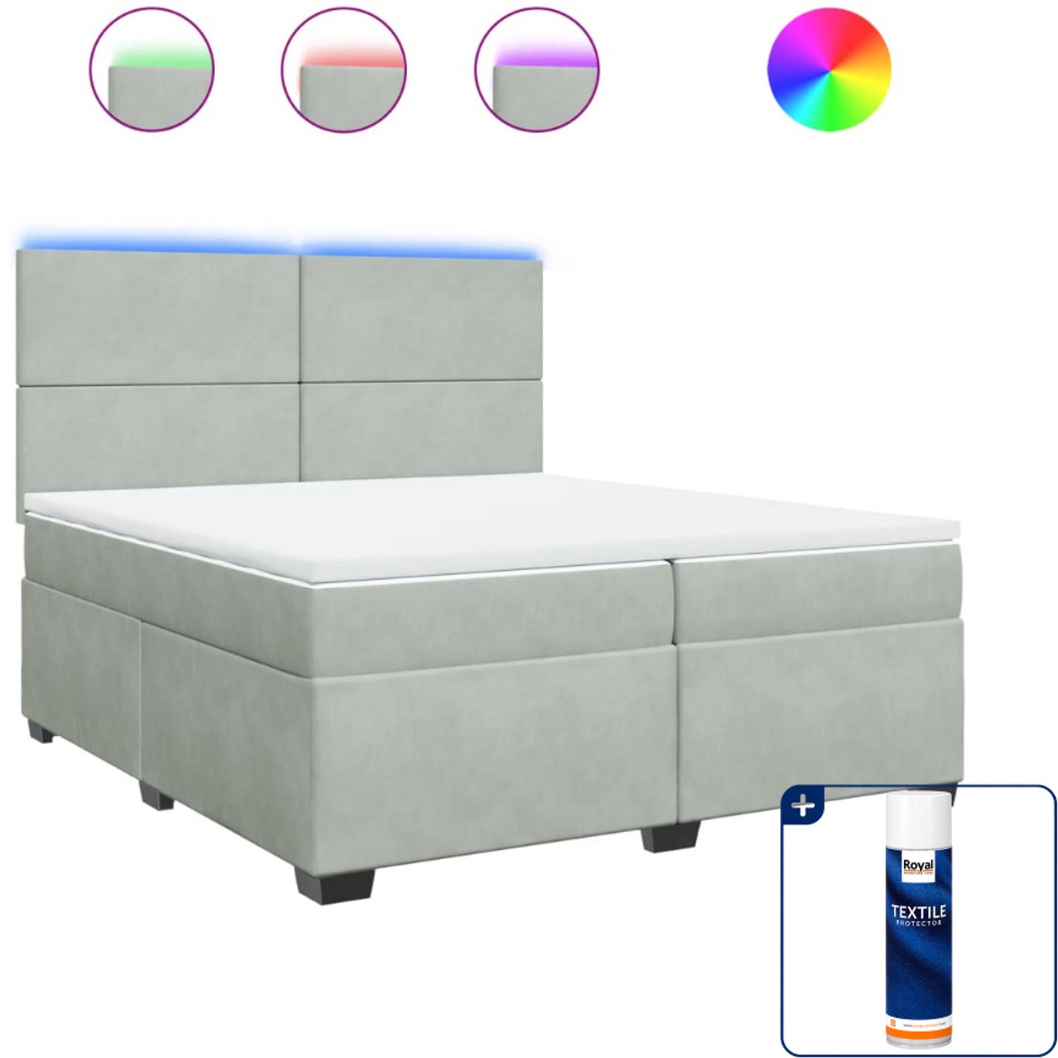 vidaXL Boxspring Super kingsize met matras en LED - 200x200 cm - grijs - Inclusief textielbeschermer 500 ml