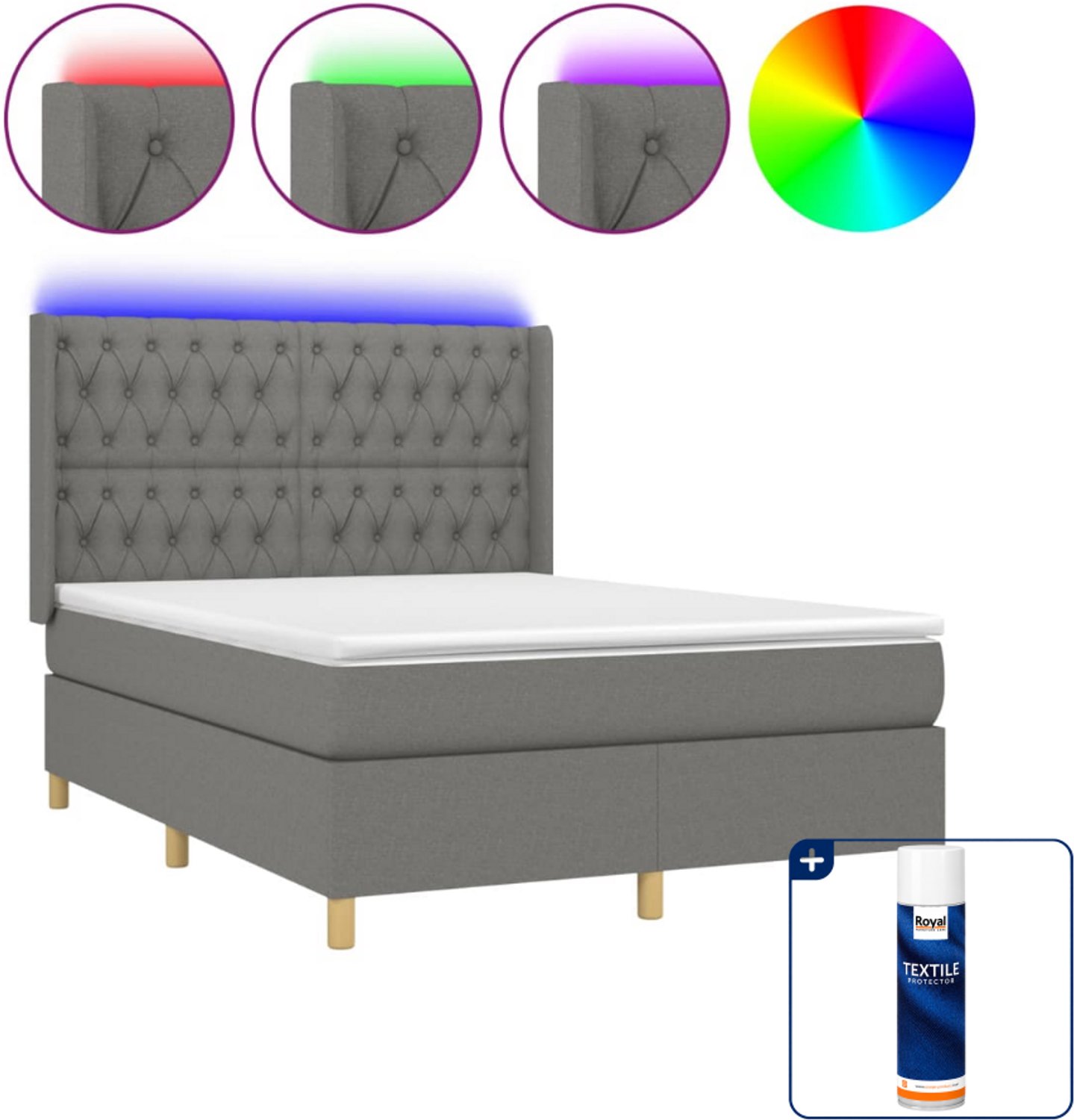 vidaXL boxspring met matras en led - 140 x 190 cm - donkergrijs - Inclusief textielbeschermer 500 ml