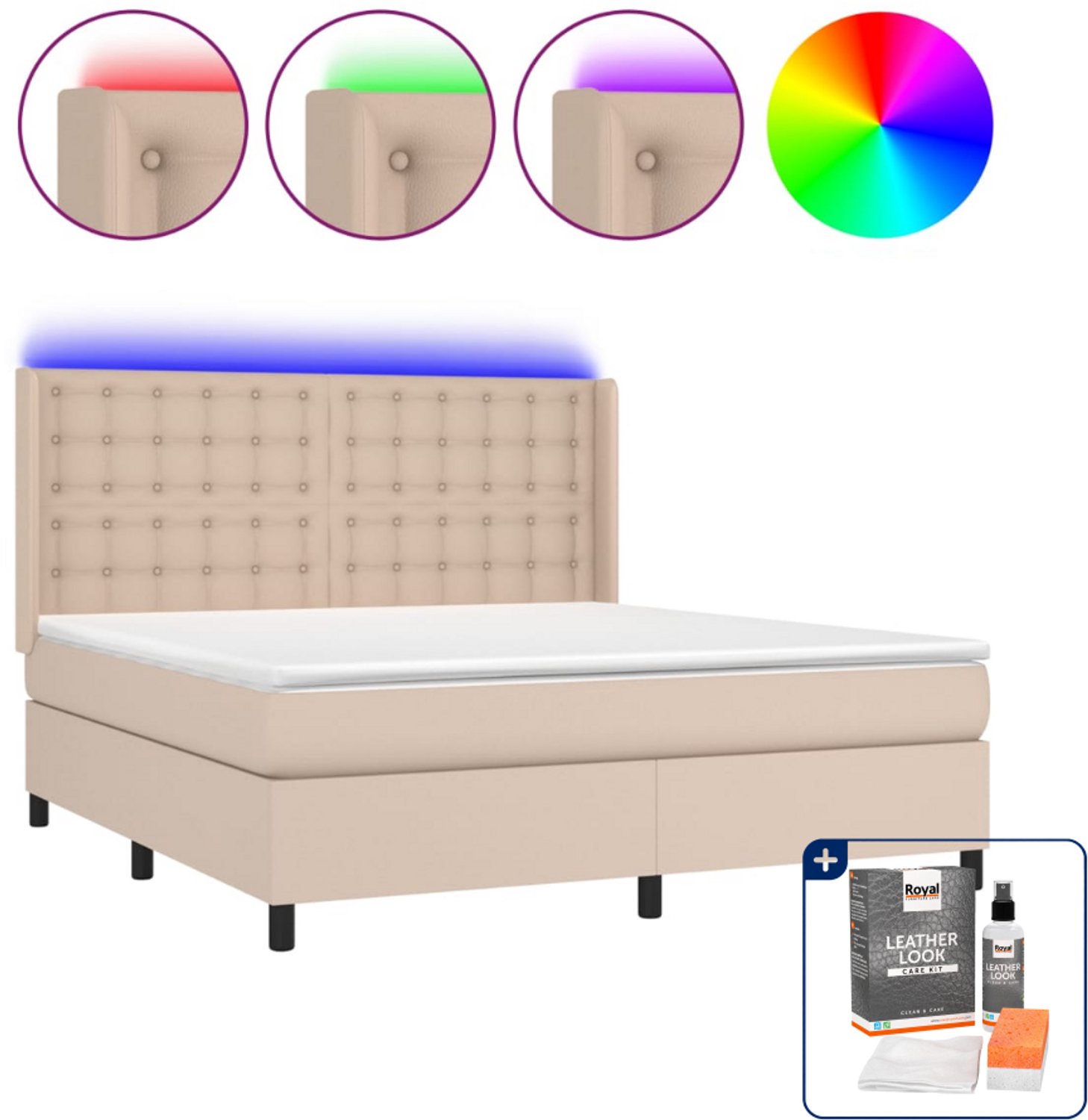 vidaXL boxspring met matras en LED - Queensize 160 x 200 cm - cappuccino - Inclusief onderhoudsset voor kunstleer 150 ml Bruin