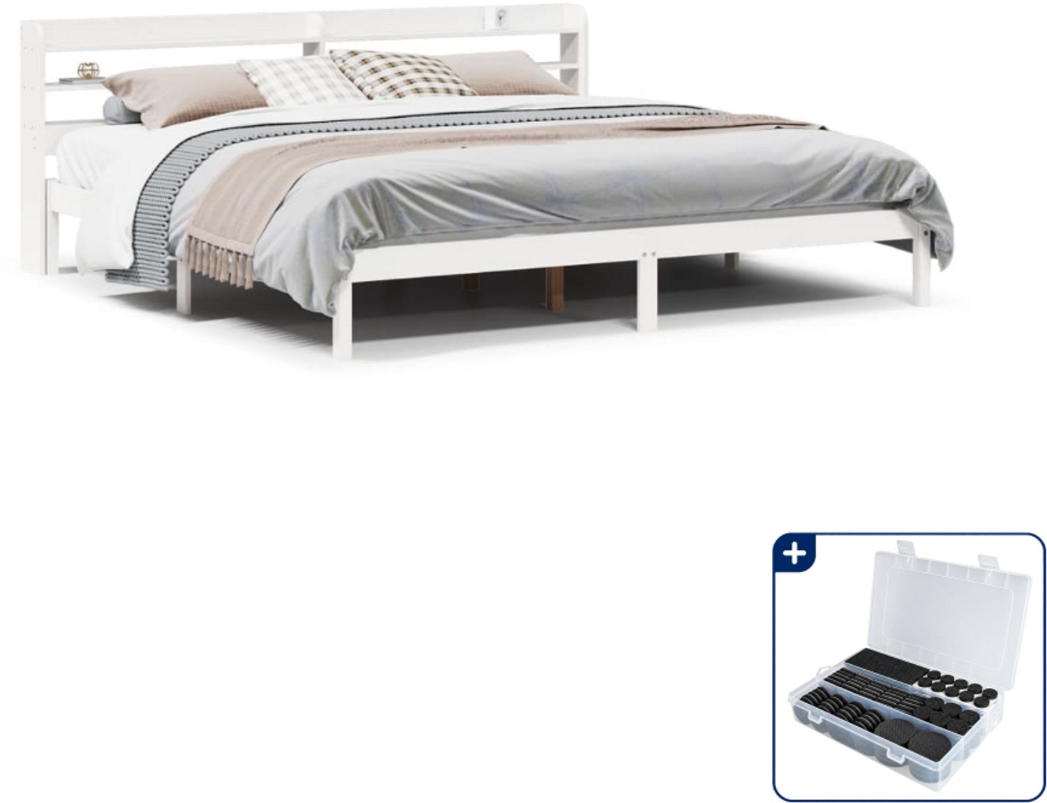 vidaXL bedframe Kingsize - 180 x 200 cm - massief grenenhout - wit - Inclusief antikrasvilt 177-delig Bruin