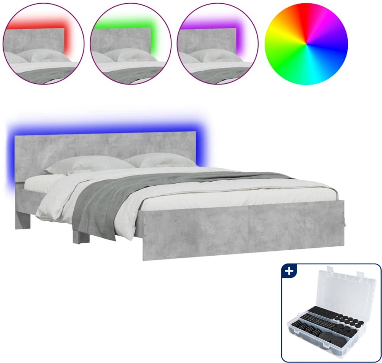 vidaXL bedframe met led 150 x 200 cm - betongrijs - Inclusief antikrasvilt 177-delig Zwart
