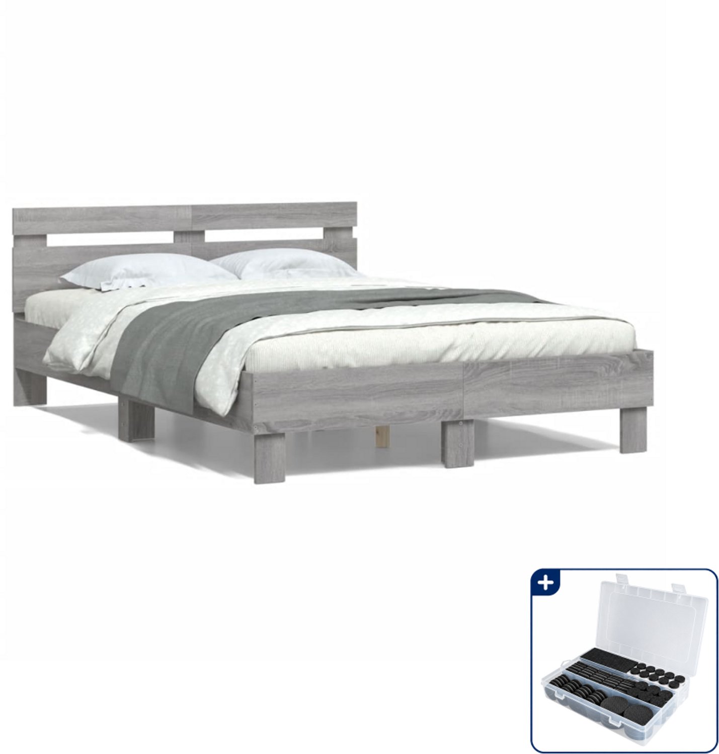vidaXL bedframe met hoofdeinde - 135 x 190 cm - grijs sonoma eiken - Inclusief antikrasvilt 177-delig