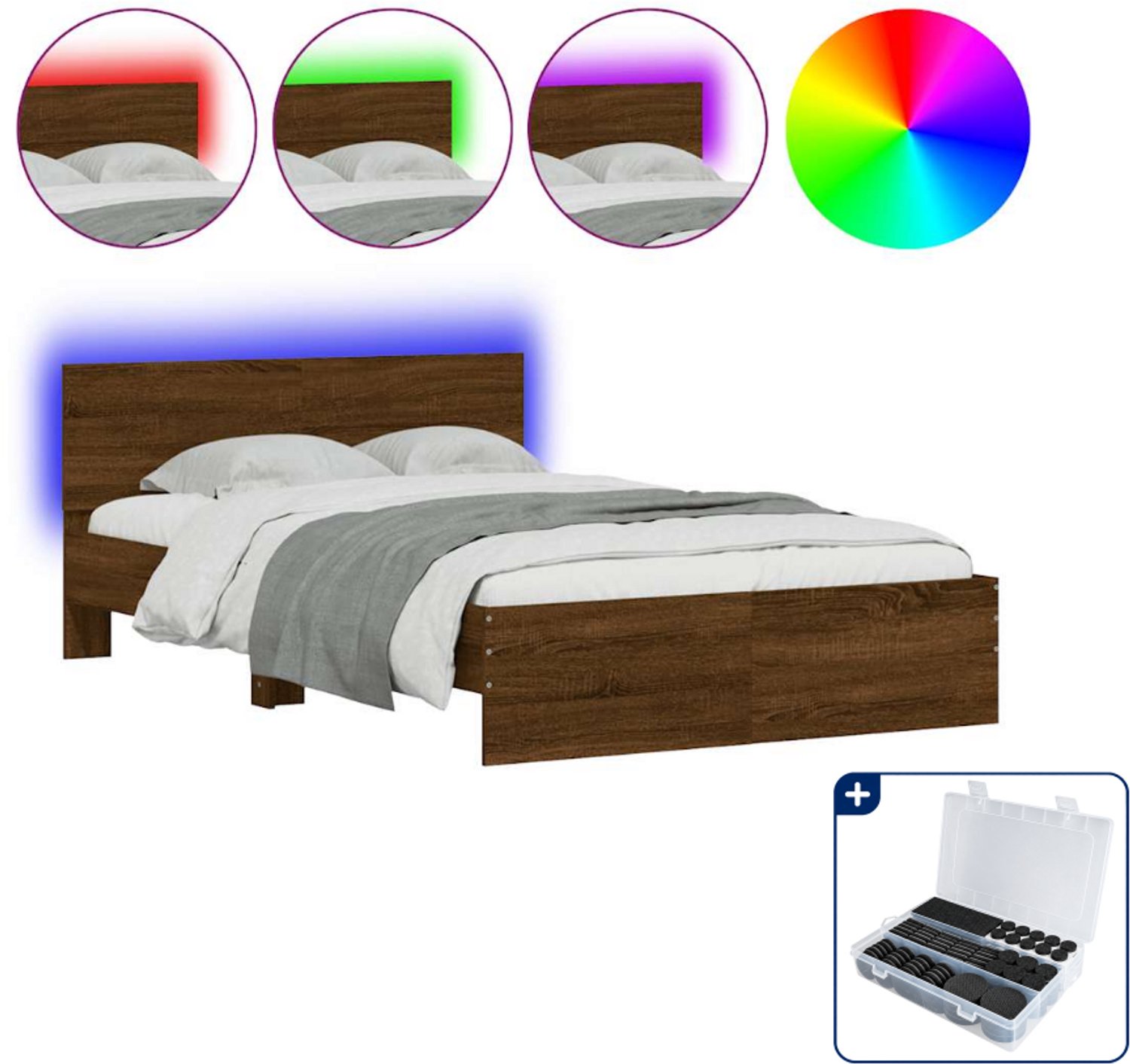 vidaXL bedframe met led - 140 x 190 cm - bewerkt hout - bruineiken - Inclusief antikrasvilt 177-delig Zwart