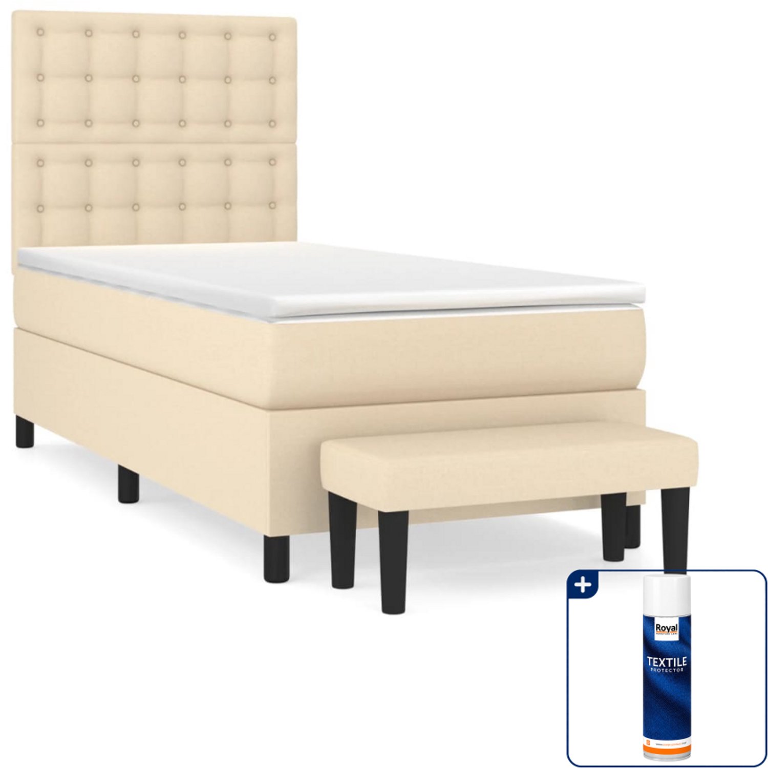 vidaXL boxspring met matras en bankje - 90 x 190 cm - crème - Inclusief textielbeschermer 500 ml