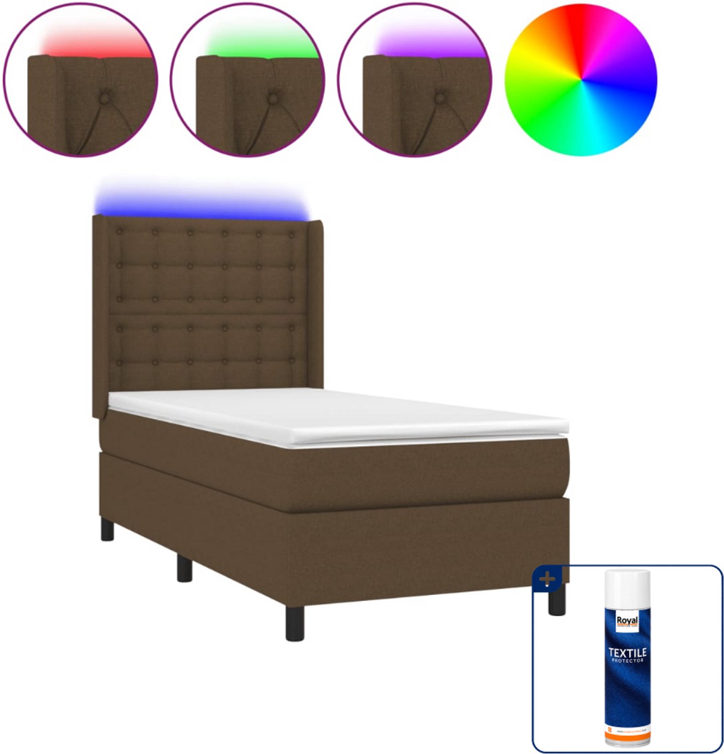 vidaXL boxspring met matras en LED - 90 x 200 cm - donkerbruin - Inclusief textielbeschermer 500 ml