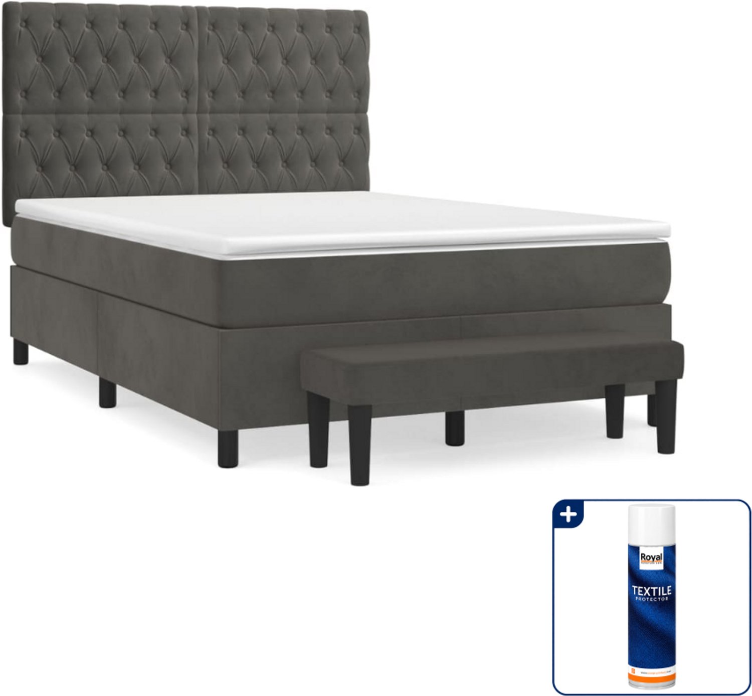 vidaXL boxspring met matras en bankje - 140 x 190 cm - donkergrijs - Inclusief textielbeschermer 500 ml