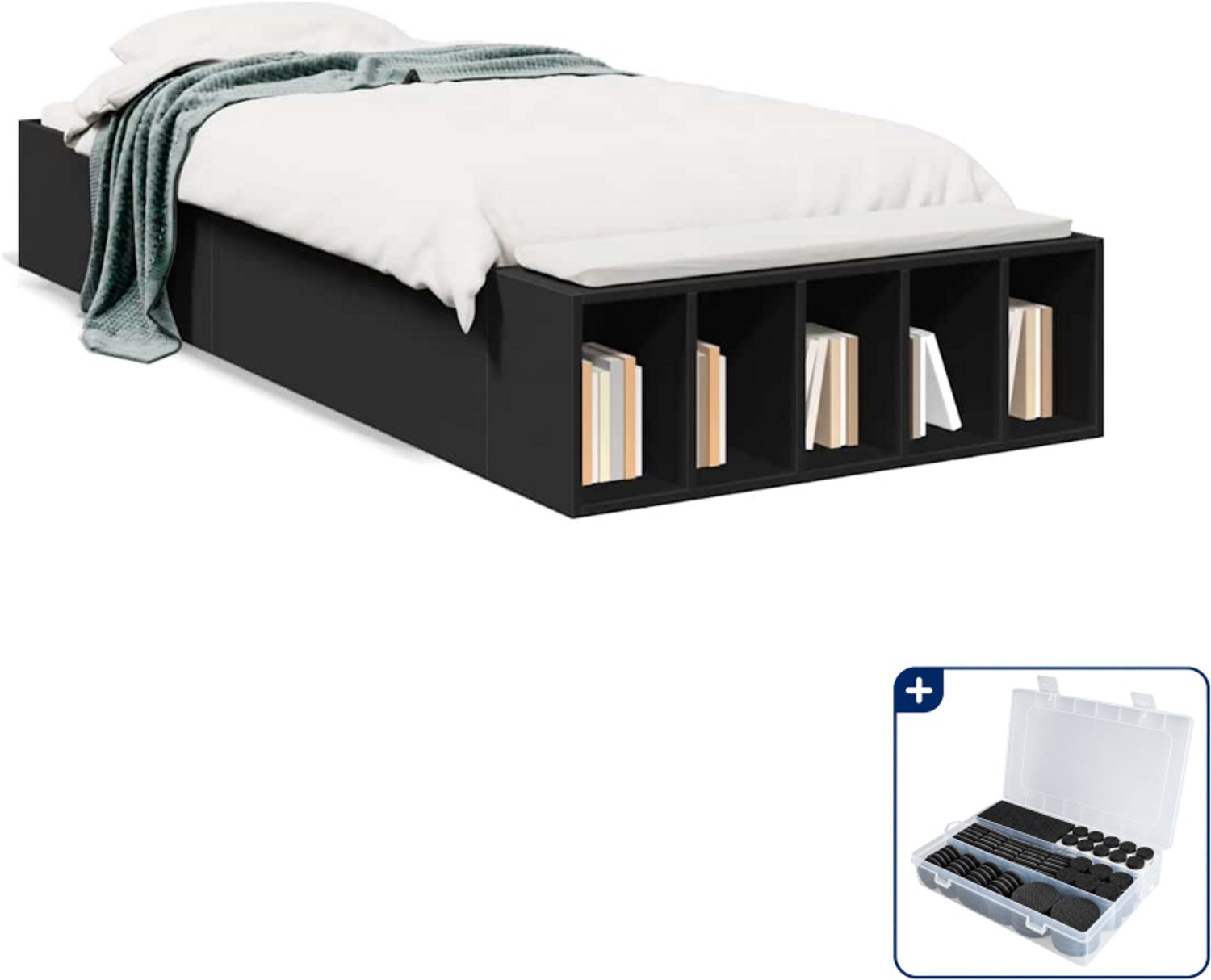 vidaXL Bedframe - 90 x 190 cm - bewerkt hout - zwart - Inclusief antikrasvilt 177-delig