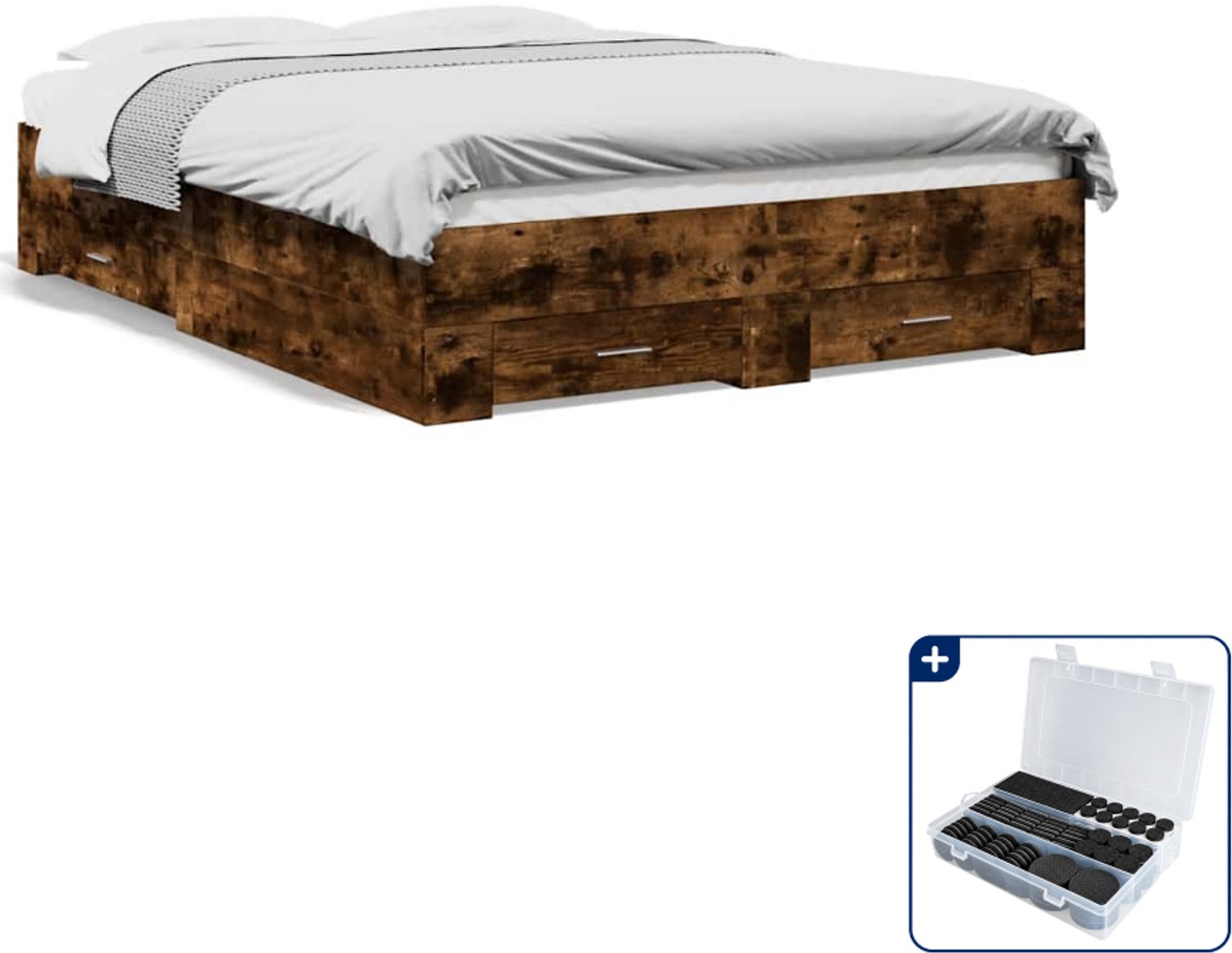 vidaXL bedframe - 140 x 190 cm - bewerkt hout - gerookt eiken - Inclusief antikrasvilt 177-delig Bruin