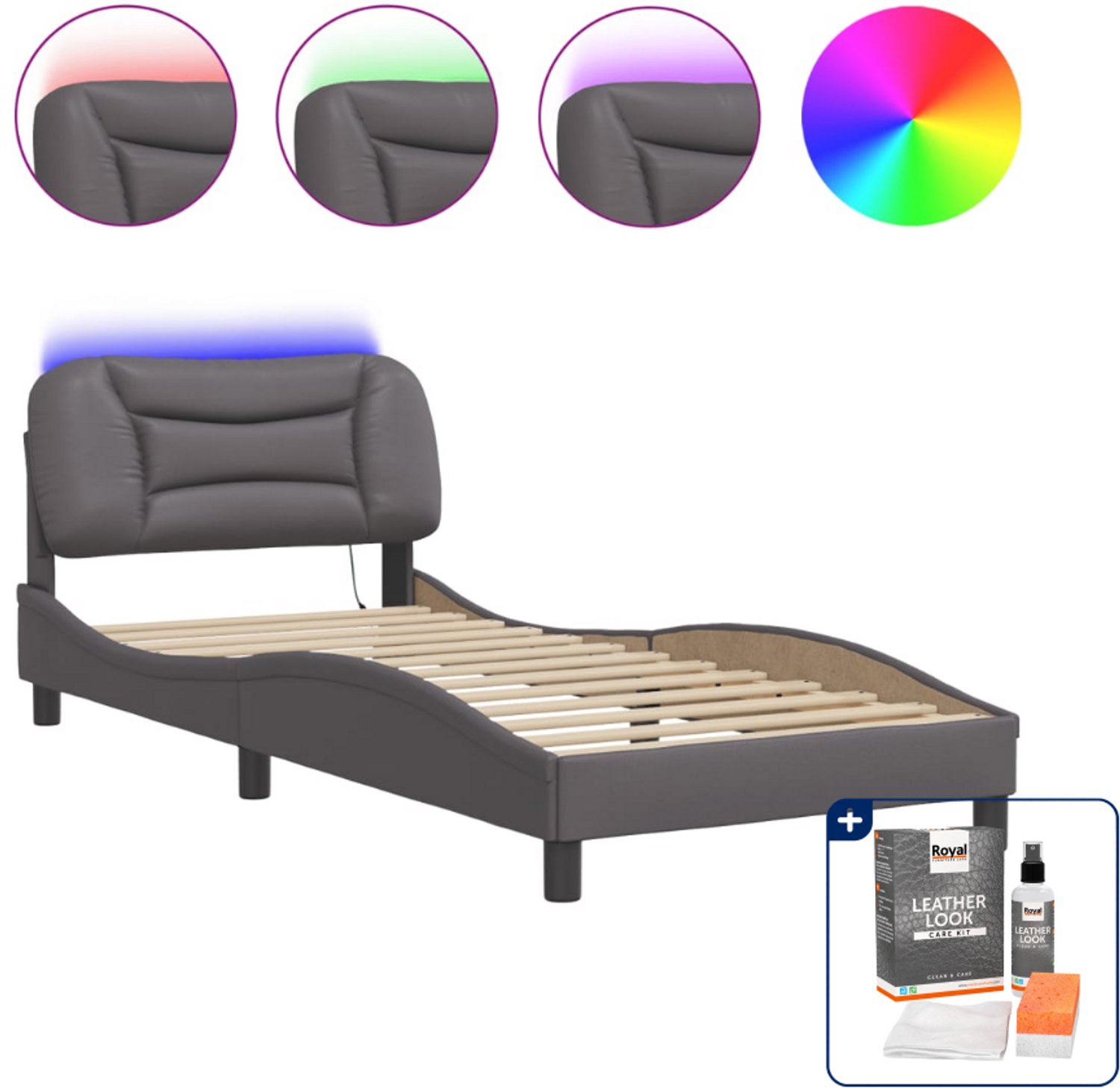 vidaXL Hvar bedframe met LED - 90 x 200 cm - grijs - Inclusief onderhoudsset voor kunstleer 150 ml Wit