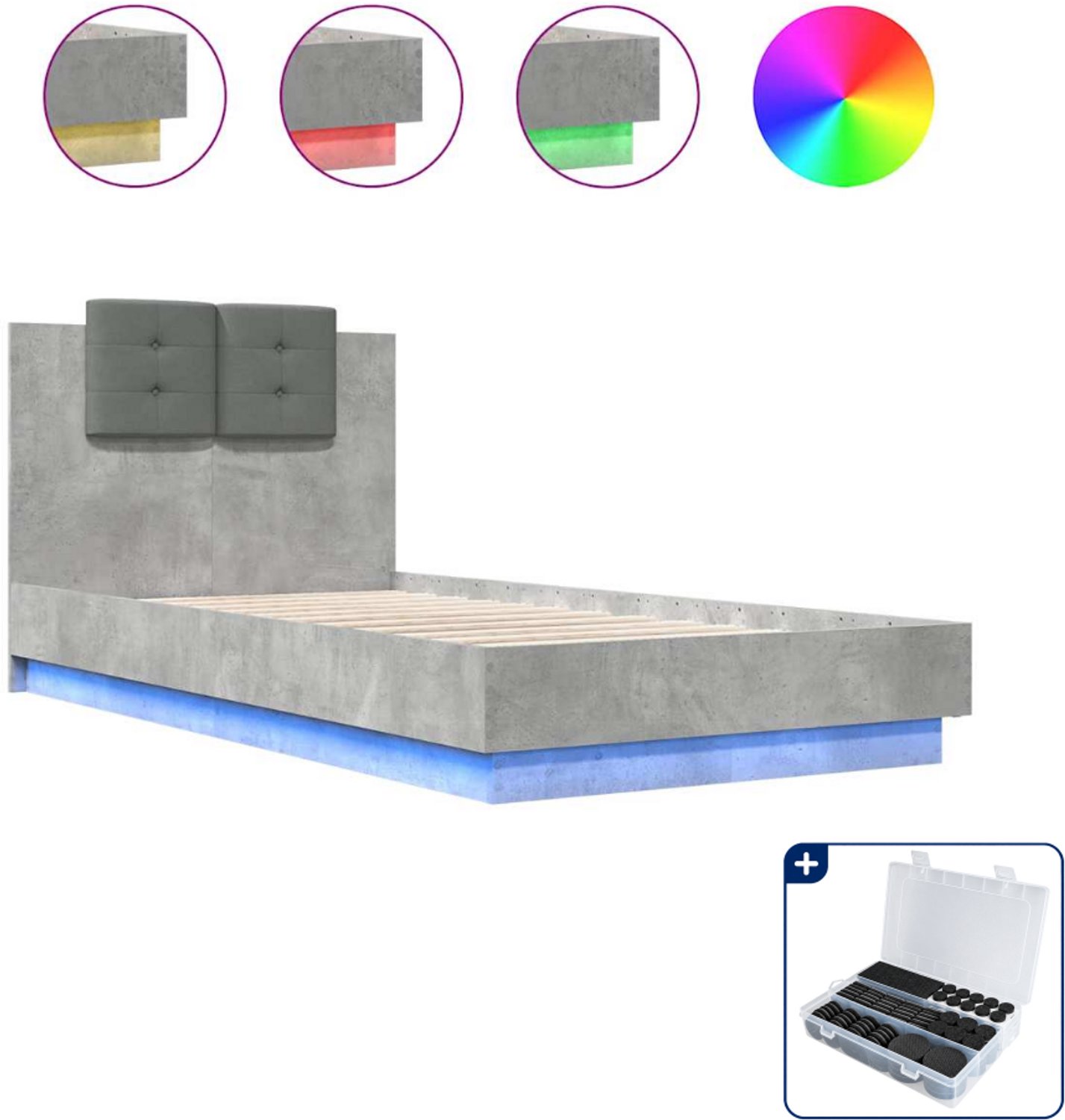 vidaXL Bedframe met hoofdbord en led - 75 x 190 cm - betongrijs - Inclusief antikrasvilt 177-delig Wit