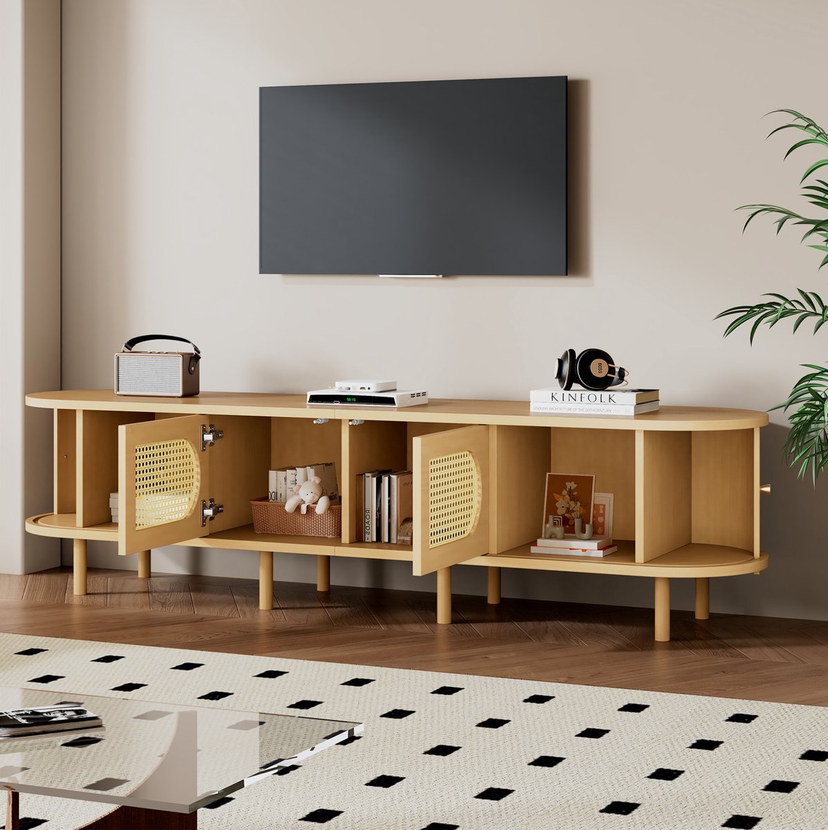 COVREO TV-meubel met 2 kastdeuren – Lowboard met roldeuren – Dressoir voor woonkamer – 180x40x40 cm – Natural Naturel